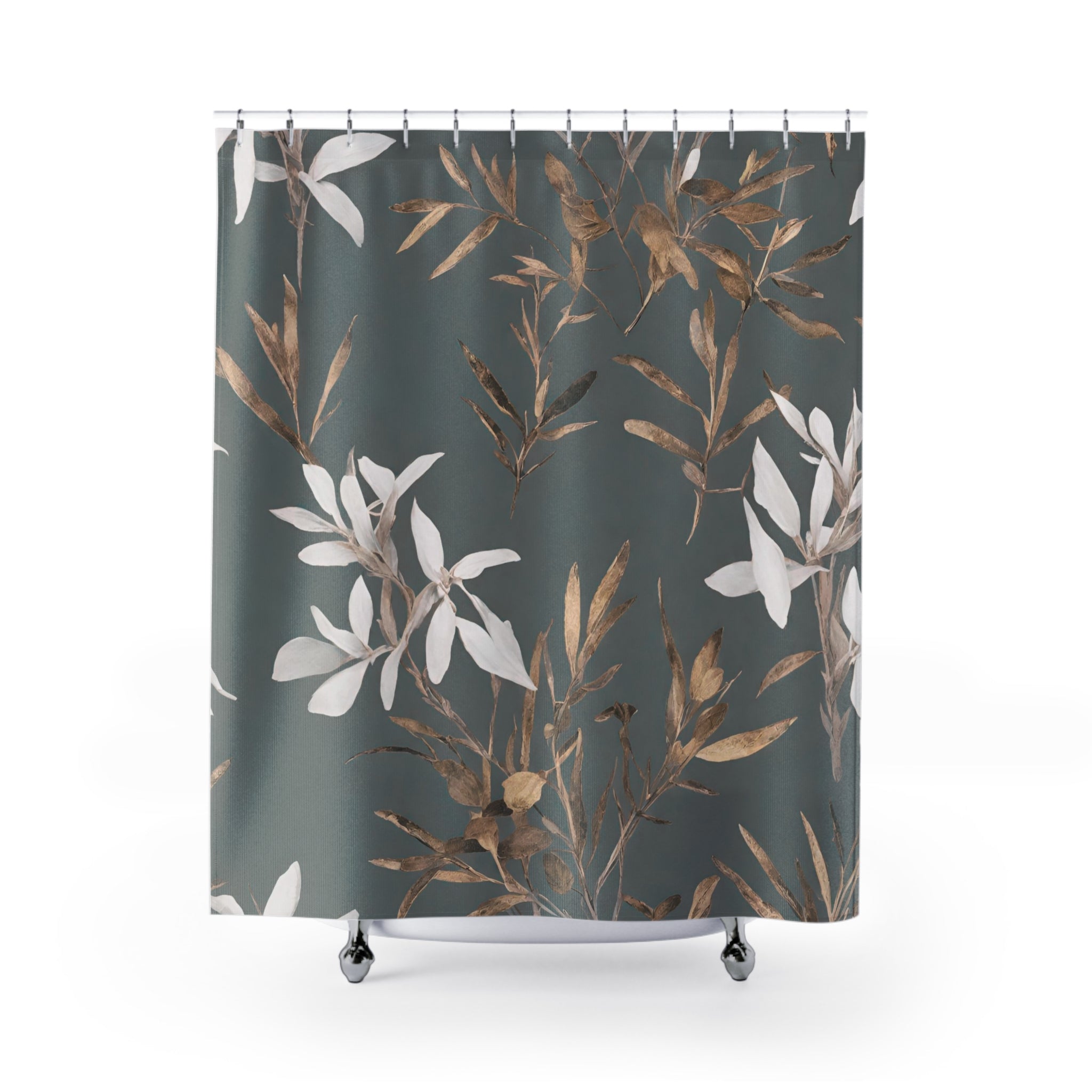 Floral Shower Curtain | Grey, Muted Gold, White