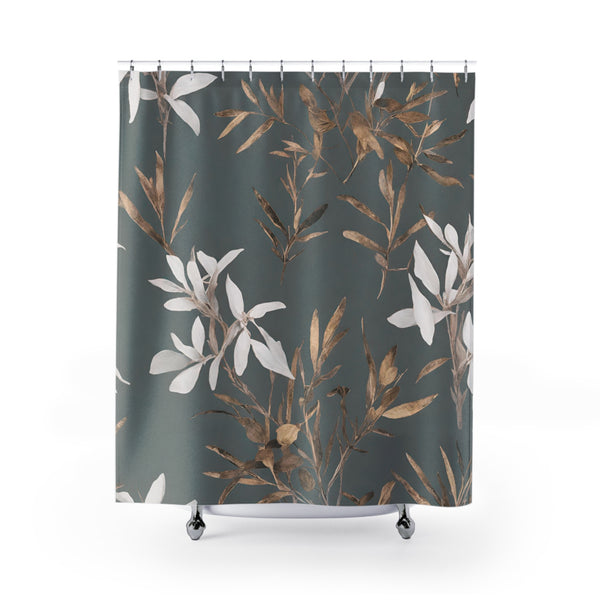 Floral Shower Curtain | Grey, Muted Gold, White