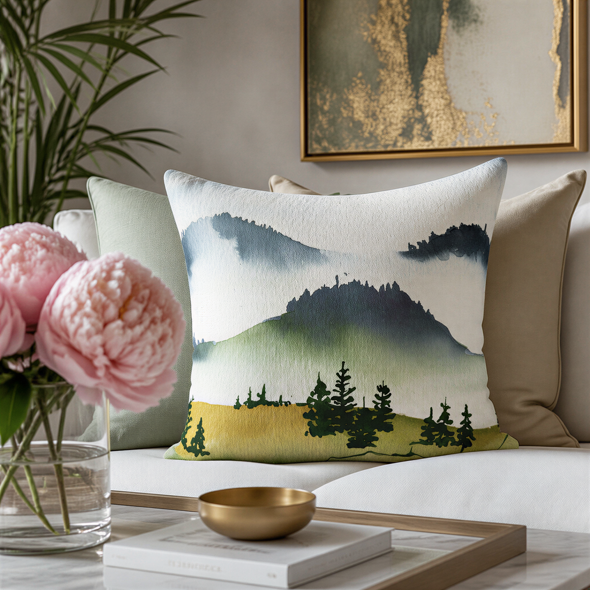 a living room with a white couch, a decorative pillow with a mountain landscape design, and a vase of pink peonies on a coffee table.