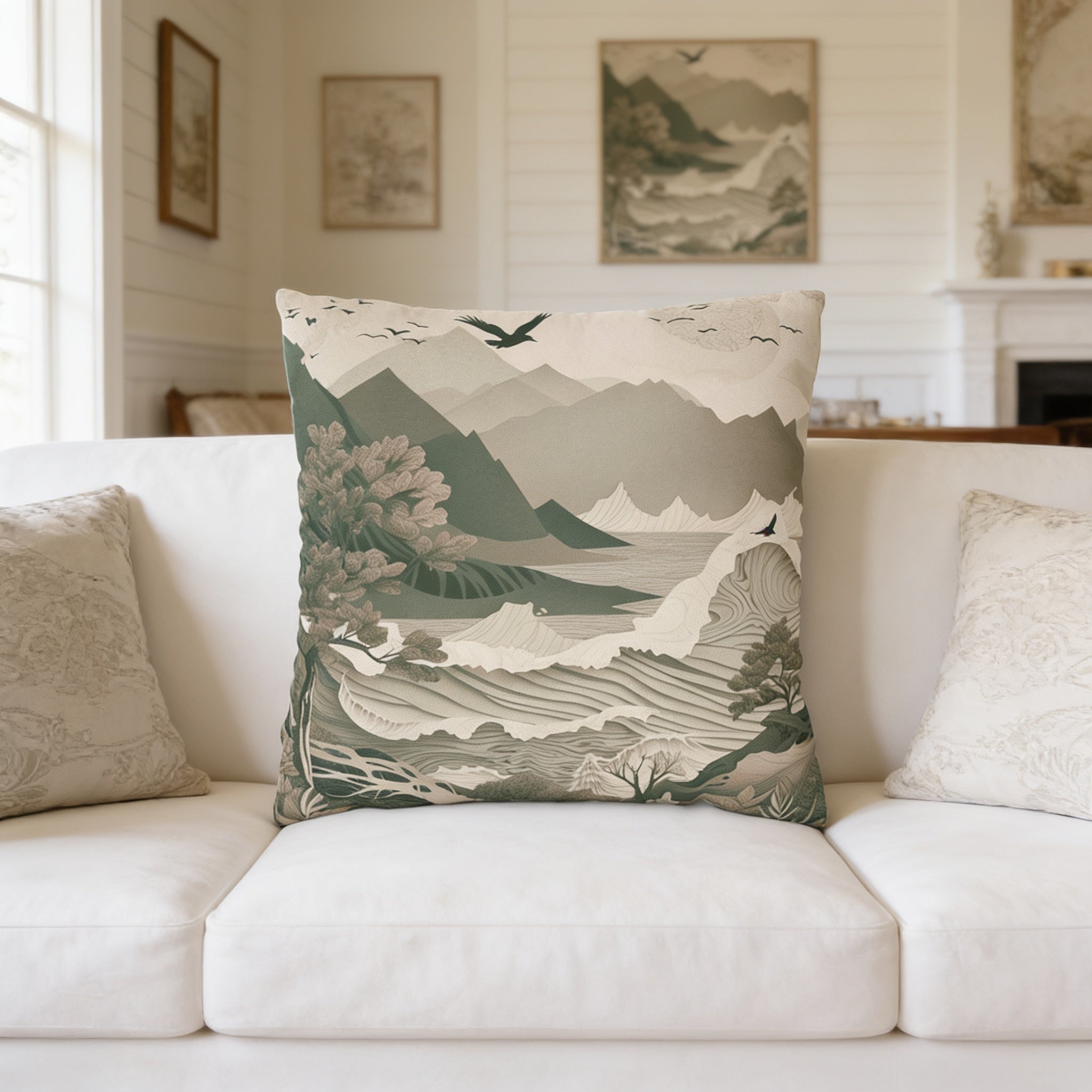 a living room with a white couch and a decorative throw pillow with a landscape design.