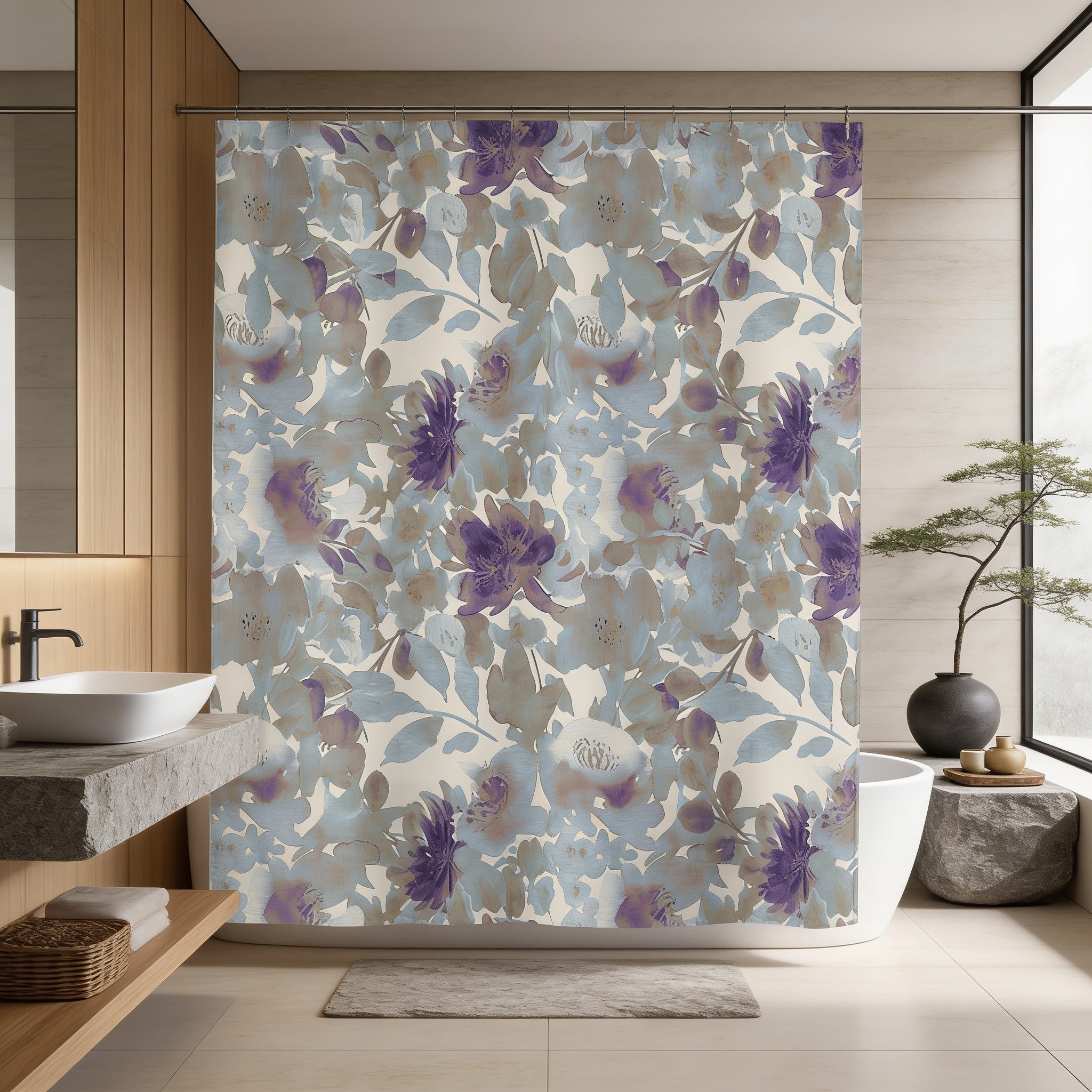 a modern bathroom with a large floral patterned shower curtain, a white sink, and a potted plant.