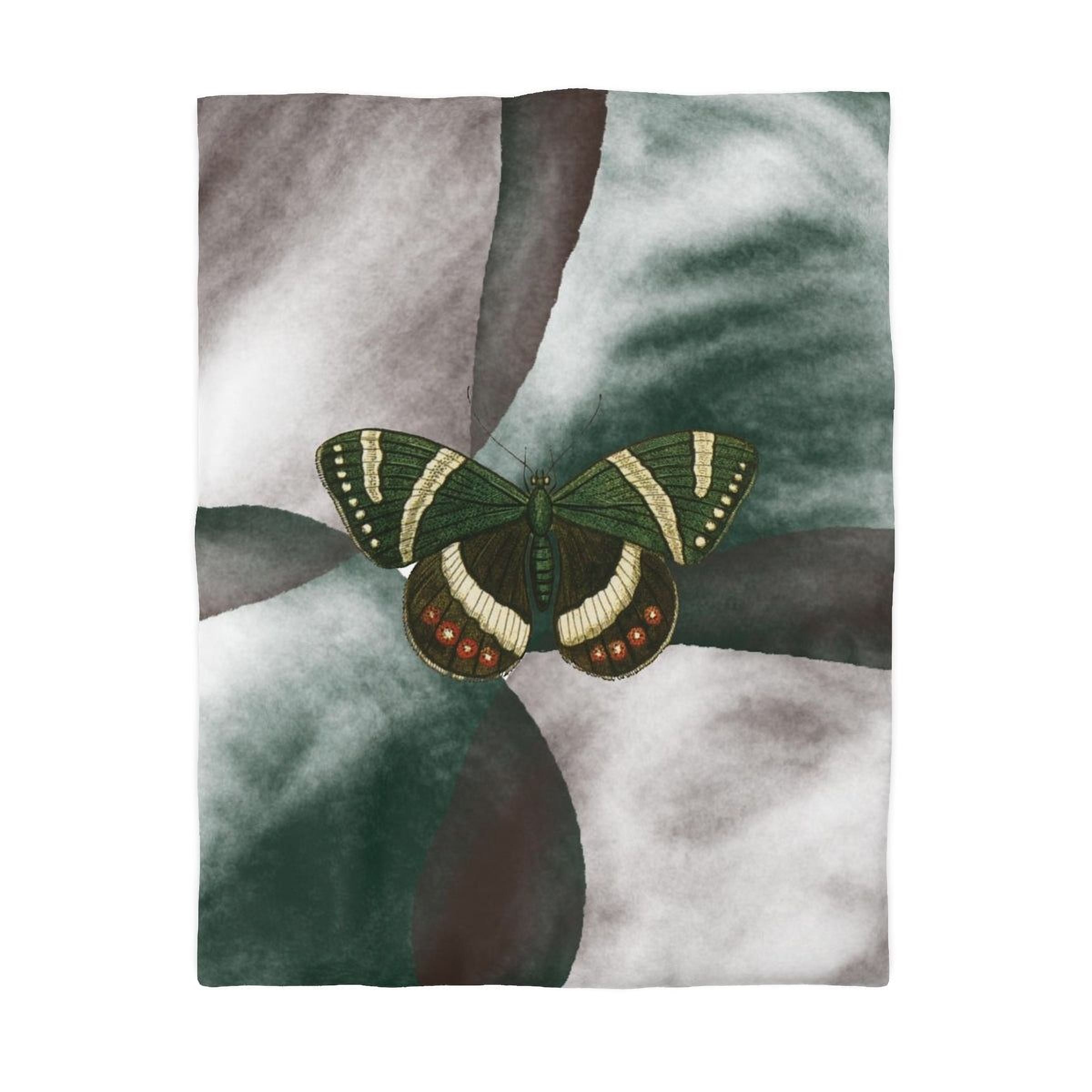 A green and brown butterfly with orange spots is the central focus of the image, set against a background of abstract shapes in shades of gray and green.