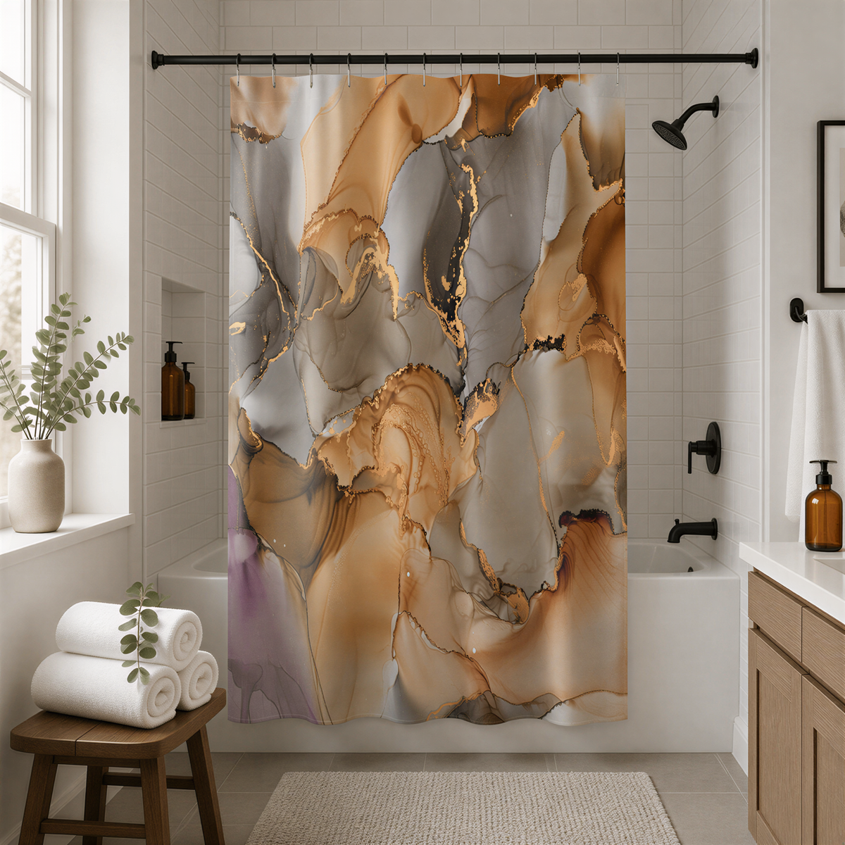 a bathroom with a shower curtain featuring an abstract marble design in shades of orange, gray, and white. The shower curtain is hanging from a rod above a bathtub. The bathroom also includes a wooden stool, a potted plant, and a bottle on the counter.
