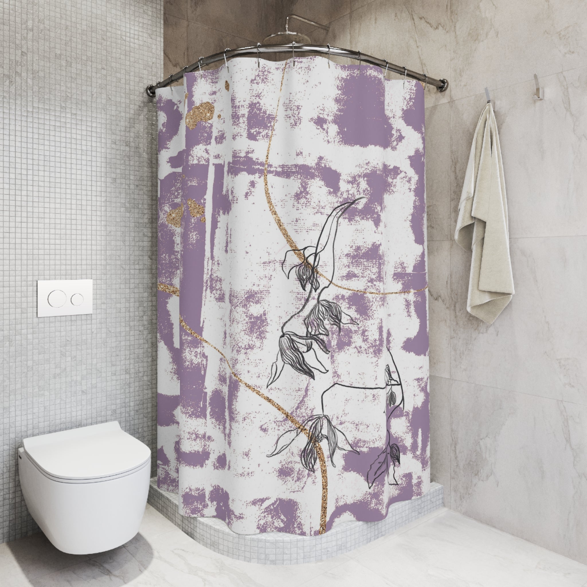 Purple White Shower Curtain | Lavender, Black Floral Art