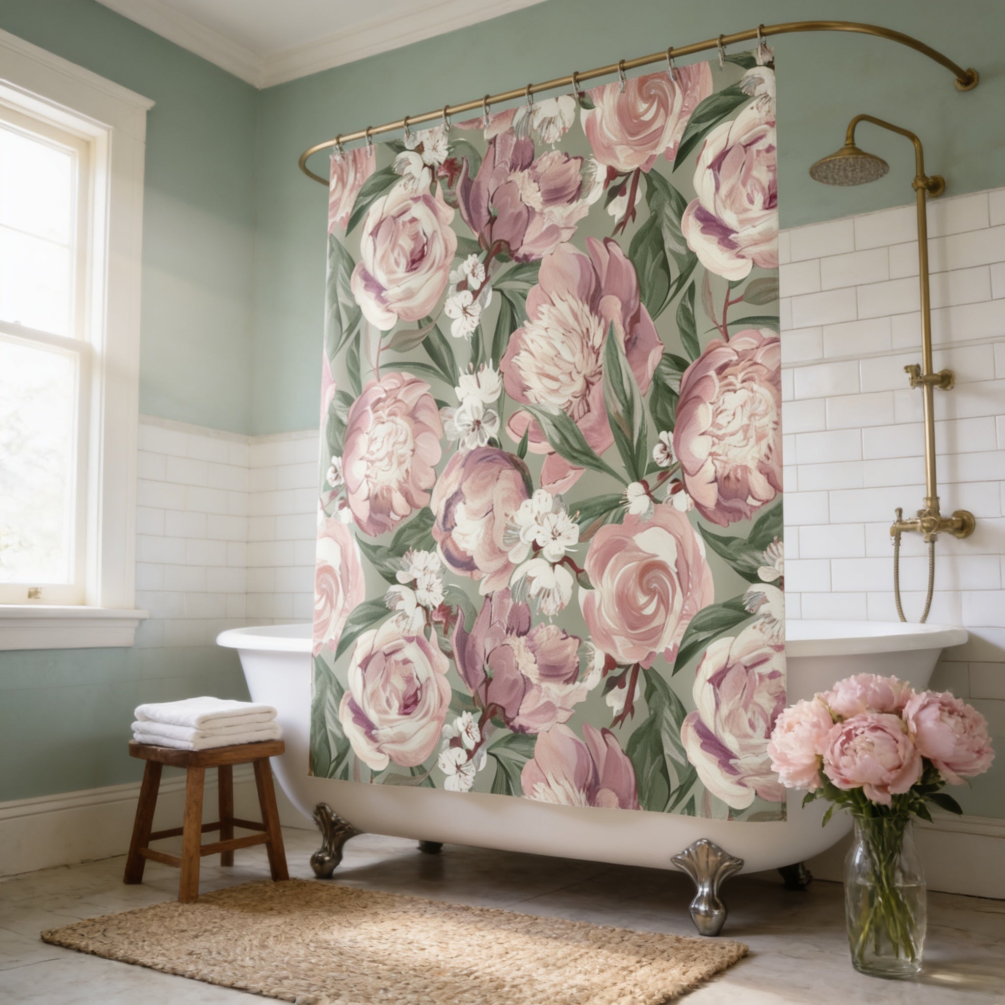 a bathroom with a white clawfoot bathtub, a shower curtain with a floral pattern, a wooden stool, and a vase of pink flowers.