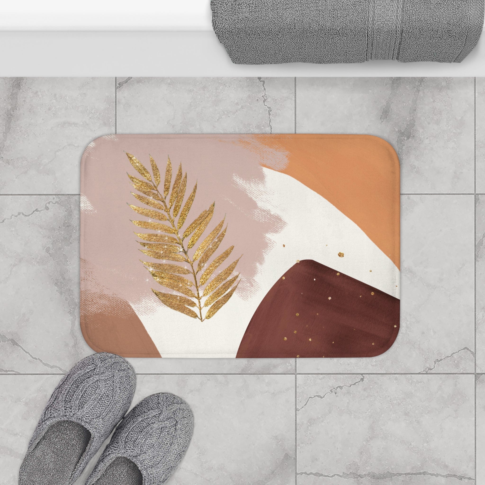 Boho Floral Bath Mat | Modern Boho Burgundy, Muted Pink Orange