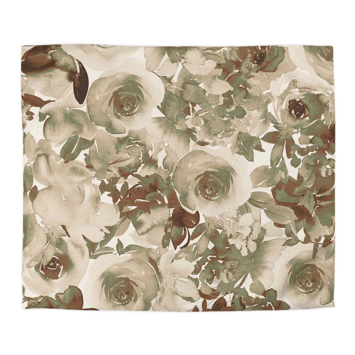 a floral pattern with various shades of green and brown flowers and leaves.