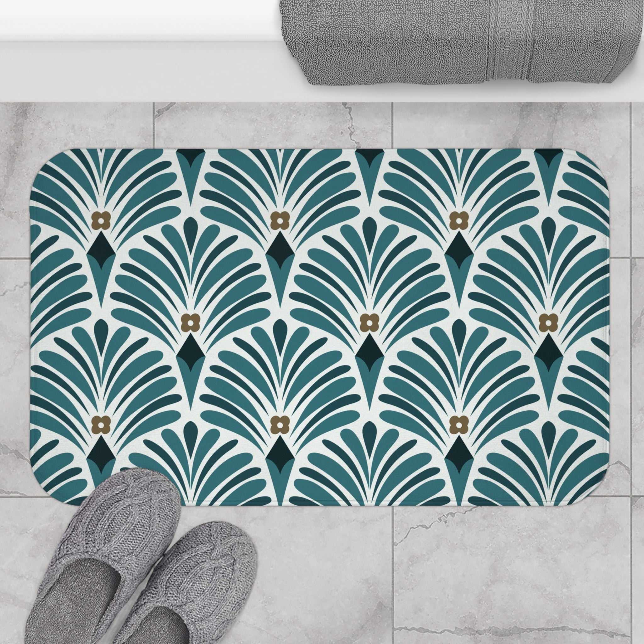 Boho Bath, Kitchen Mat |  Art Deco Nouveau Teal Green