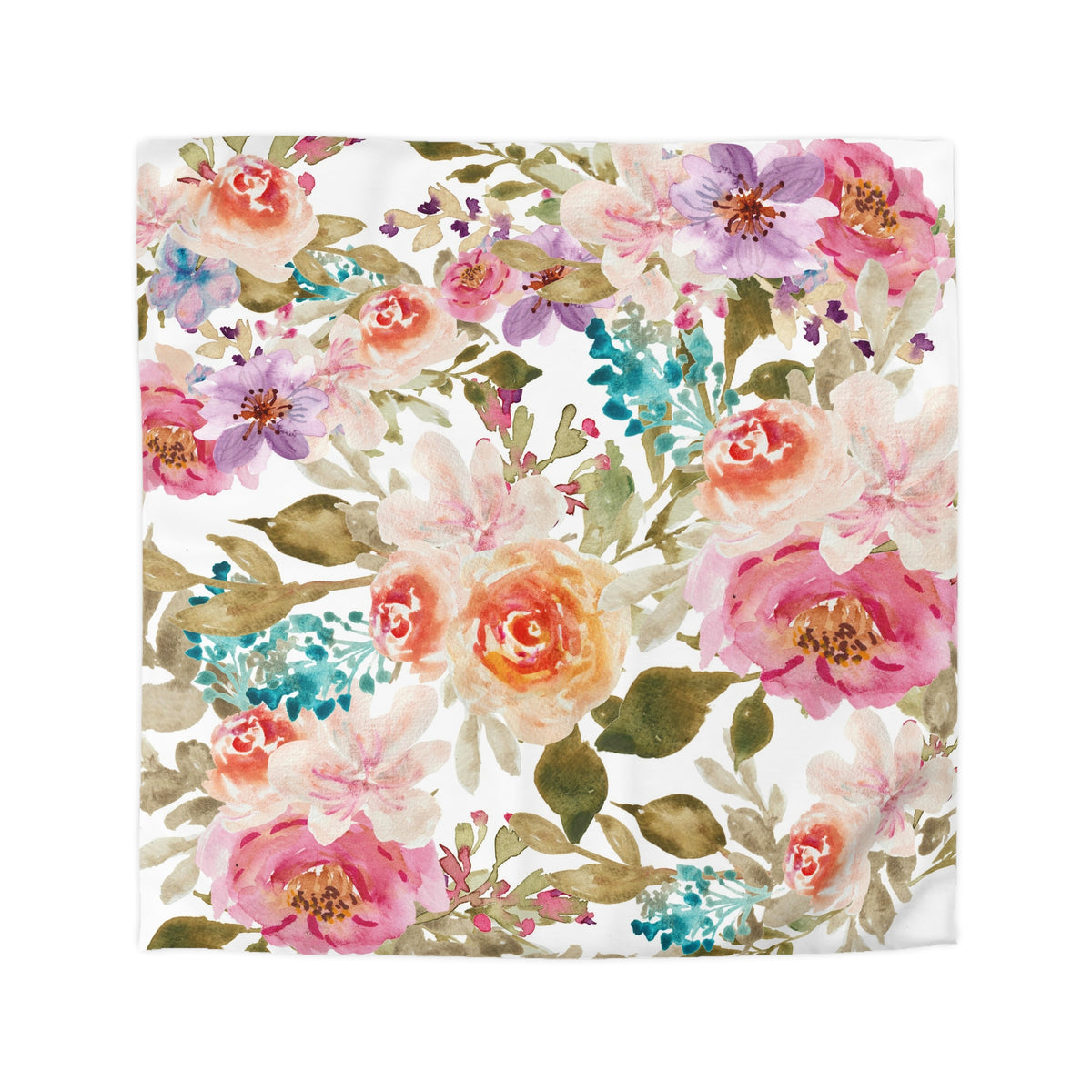 The image is a vibrant and colorful floral pattern featuring a variety of flowers in shades of pink, orange, and purple, along with green leaves and stems. The flowers are arranged in a visually appealing and dynamic manner, creating a lively and cheerful atmosphere.
