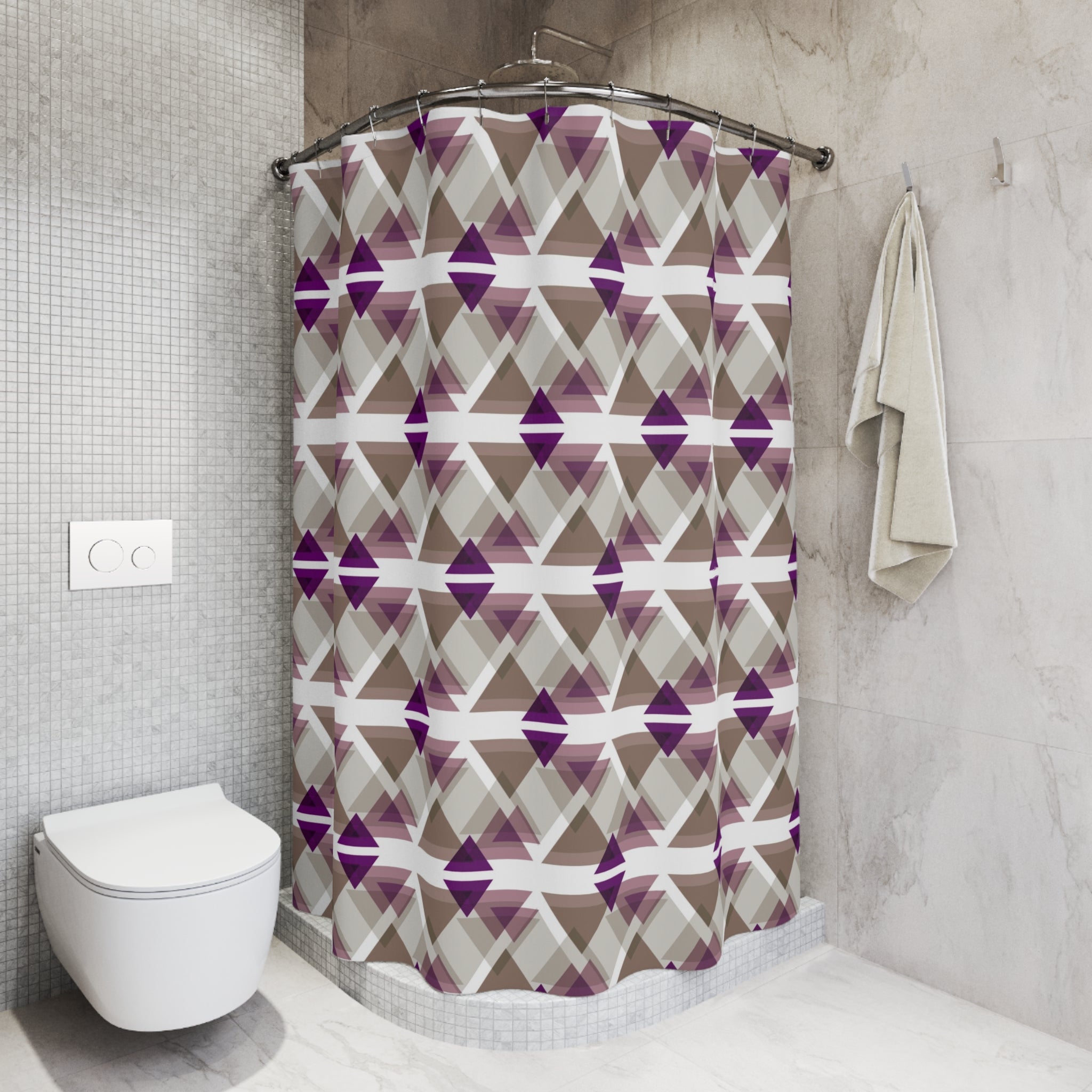 Boho Shower Curtain | Geometric Purple White Taupe Beige Fabric Curtain