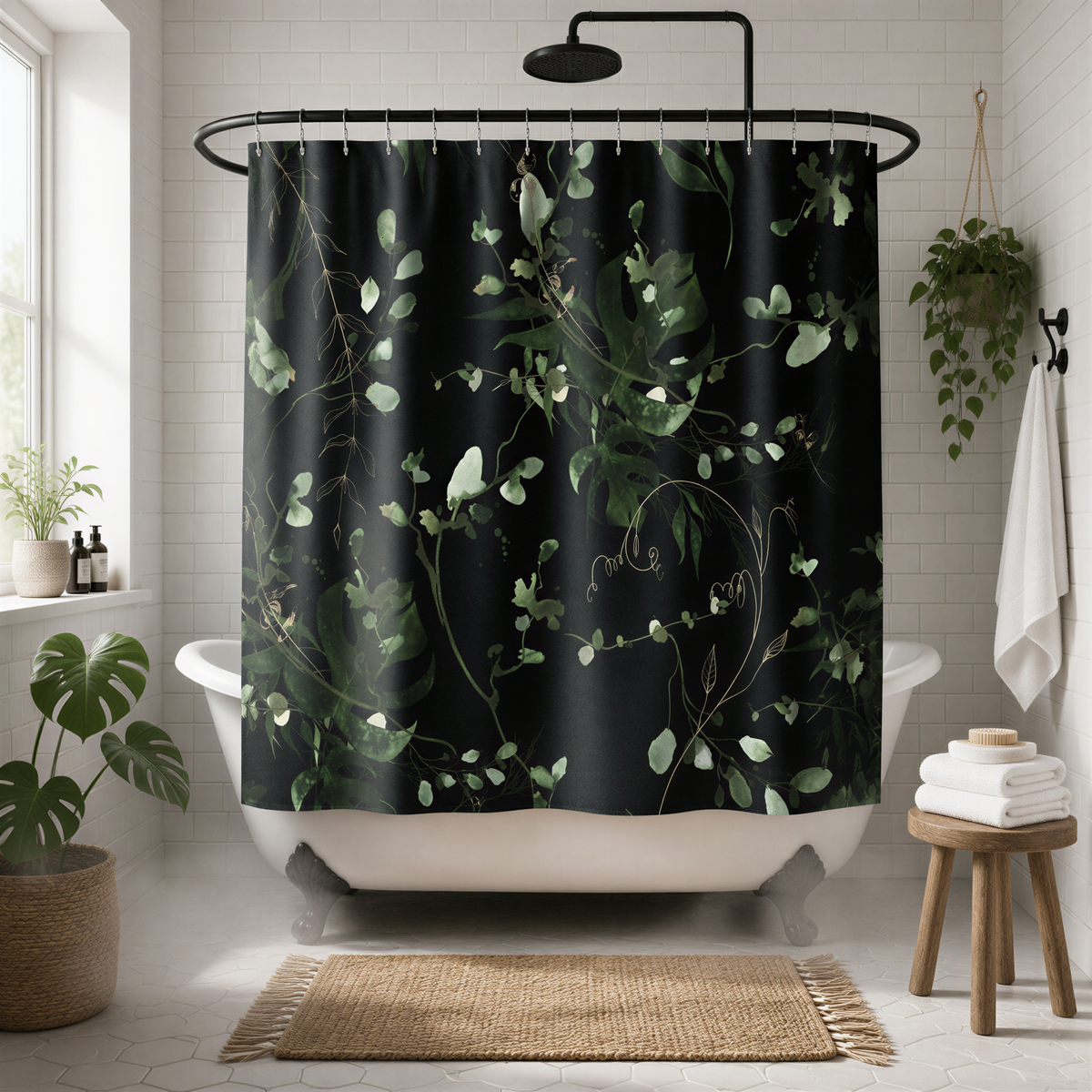 a bathroom with a black shower curtain featuring a green leaf pattern. The bathroom is decorated with potted plants, a rug, and a wooden stool.