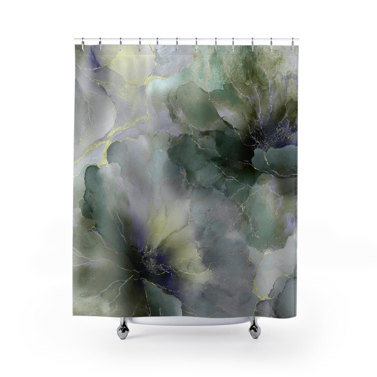 a shower curtain with a large abstract floral pattern in shades of green and gray.