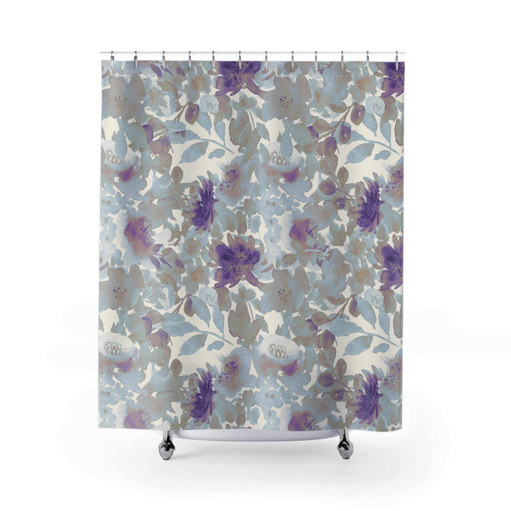 a shower curtain with a floral pattern in shades of purple and blue.