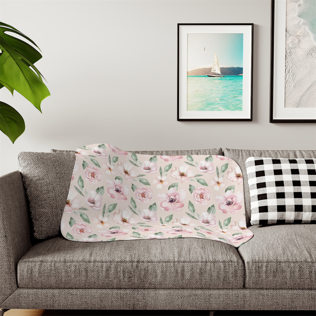 Blush Pink Watercolor Garden Rose Sherpa Blanket | Floral Throw