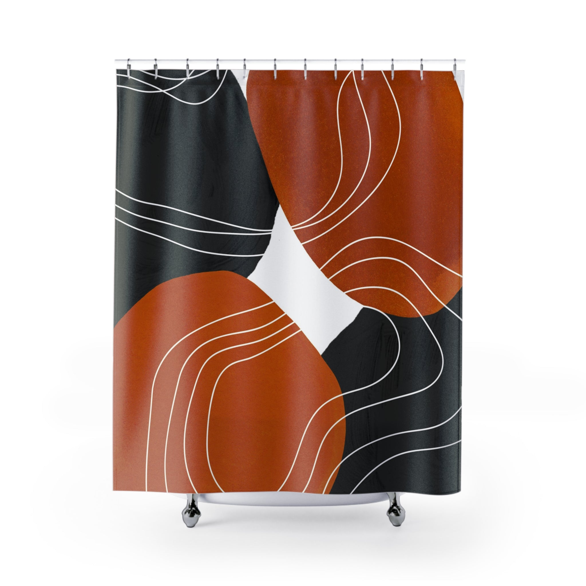 a black and rust red shower curtain with an abstract design on it