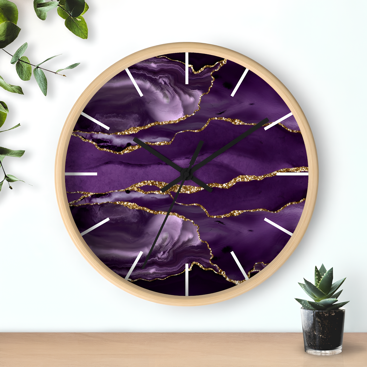 Marble Print Wood Wall Clock Purple Gold against a white wall