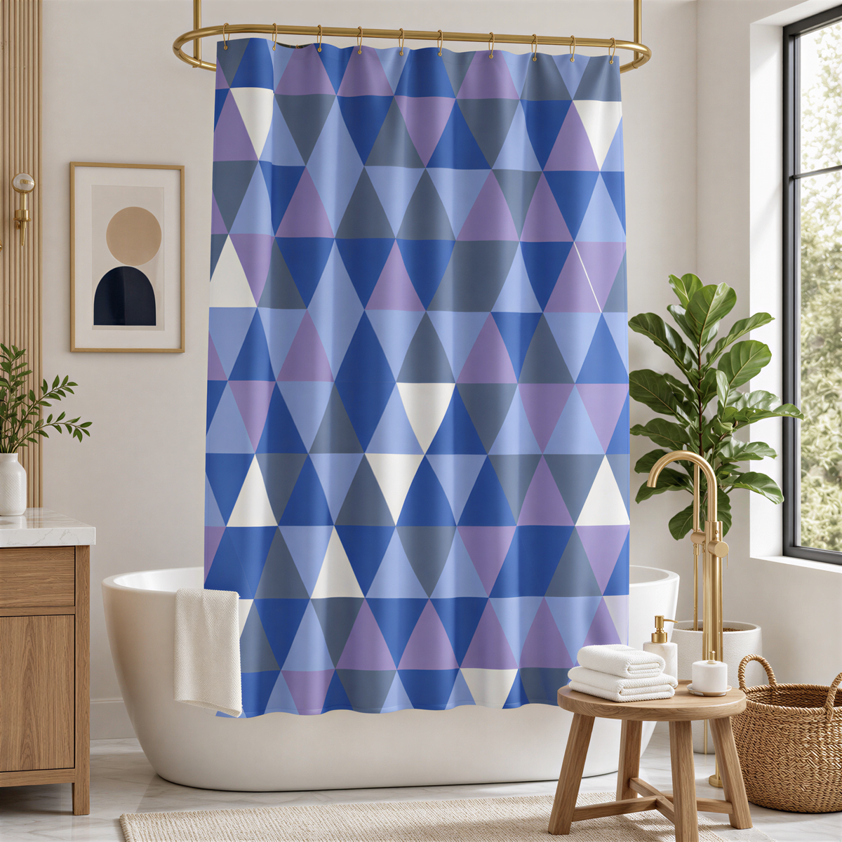 a bathroom with a white bathtub, a shower curtain with a geometric pattern in shades of blue and purple, and a wooden stool. The bathroom also features a potted plant and a framed picture on the wall.
