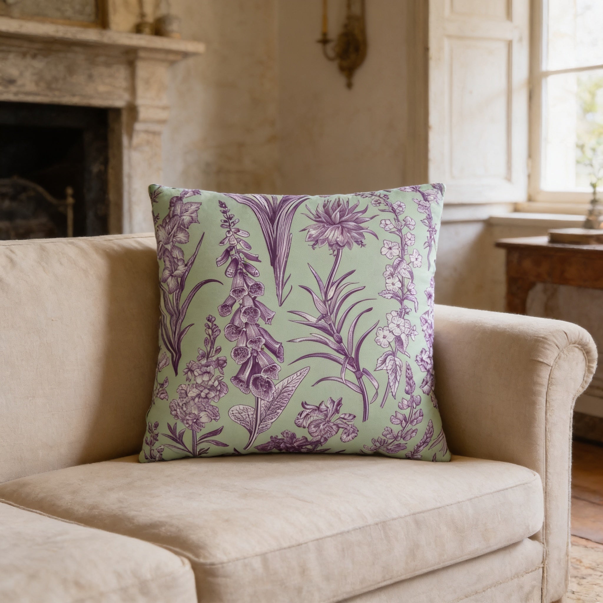 A beige sofa with a large, square throw pillow featuring a floral pattern in shades of green and purple.
