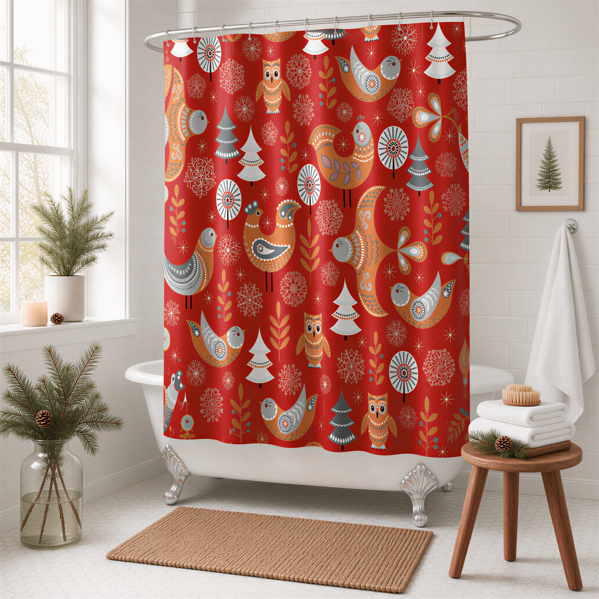 a bathroom with a red shower curtain adorned with a pattern of owls, snowflakes, and pine trees. The bathroom is decorated with potted plants, a vase, and a small table with a towel on it.