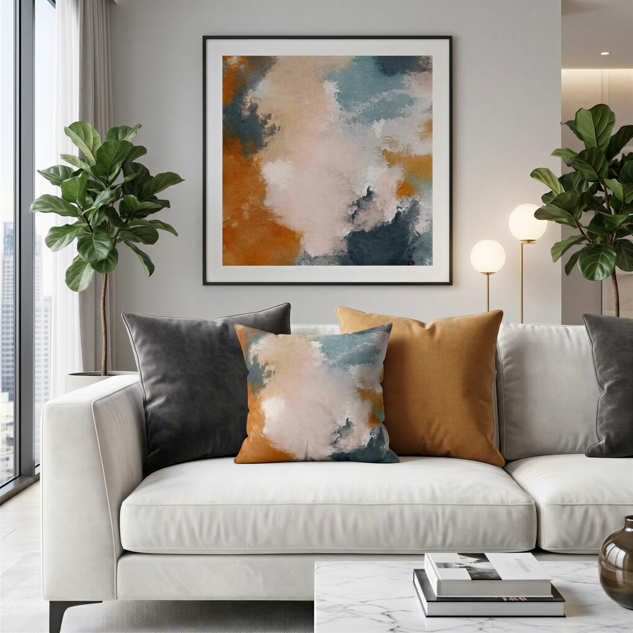 a modern living room with a white sofa adorned with colorful throw pillows. Above the sofa, there is a large abstract painting hanging on the wall. The room is decorated with potted plants, and a marble coffee table is placed in front of the sofa.