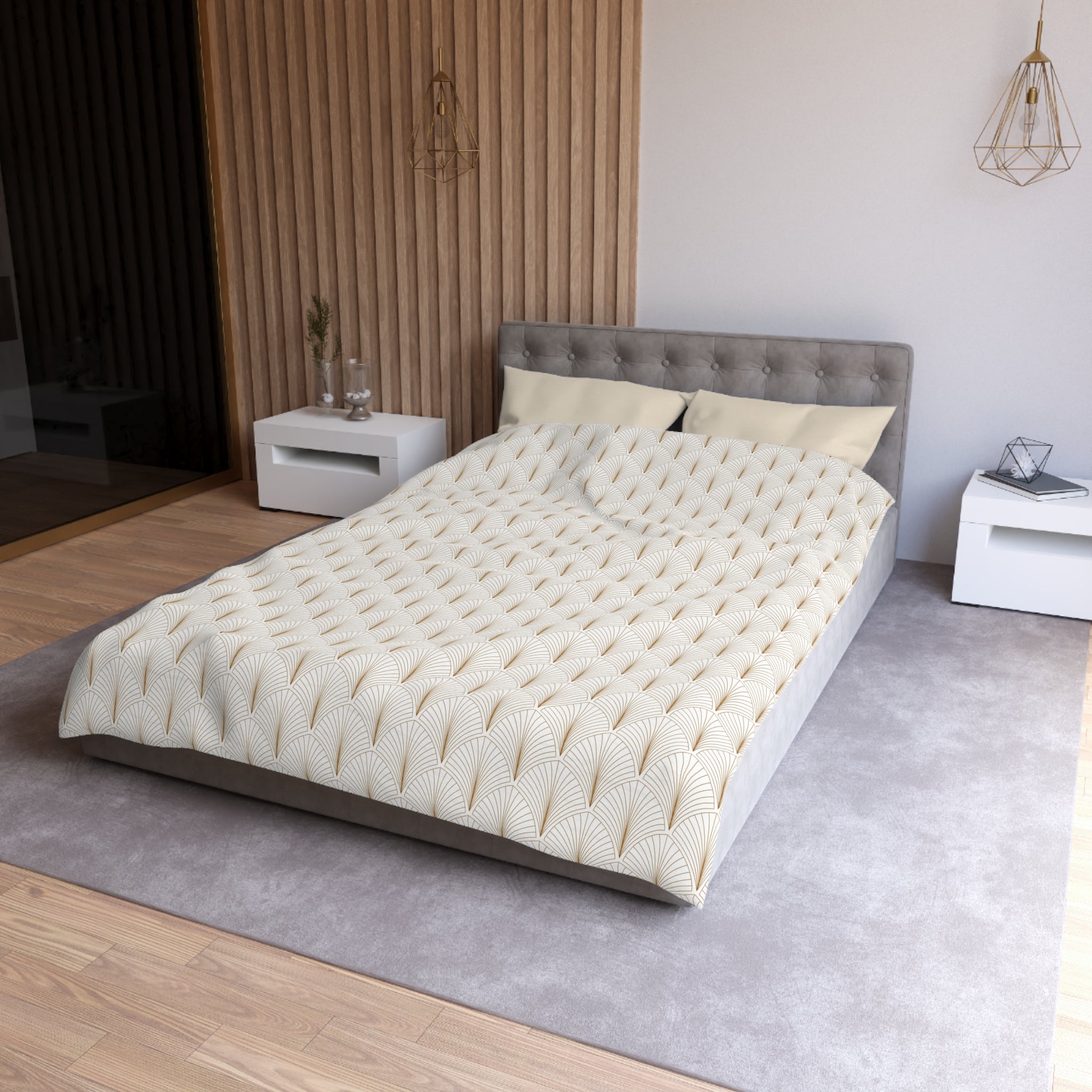 a modern bedroom with a large bed, white nightstands, and a wooden wall. The bed has a geometric patterned comforter and pillows, and the room has a neutral color scheme with a gray carpet and white walls.