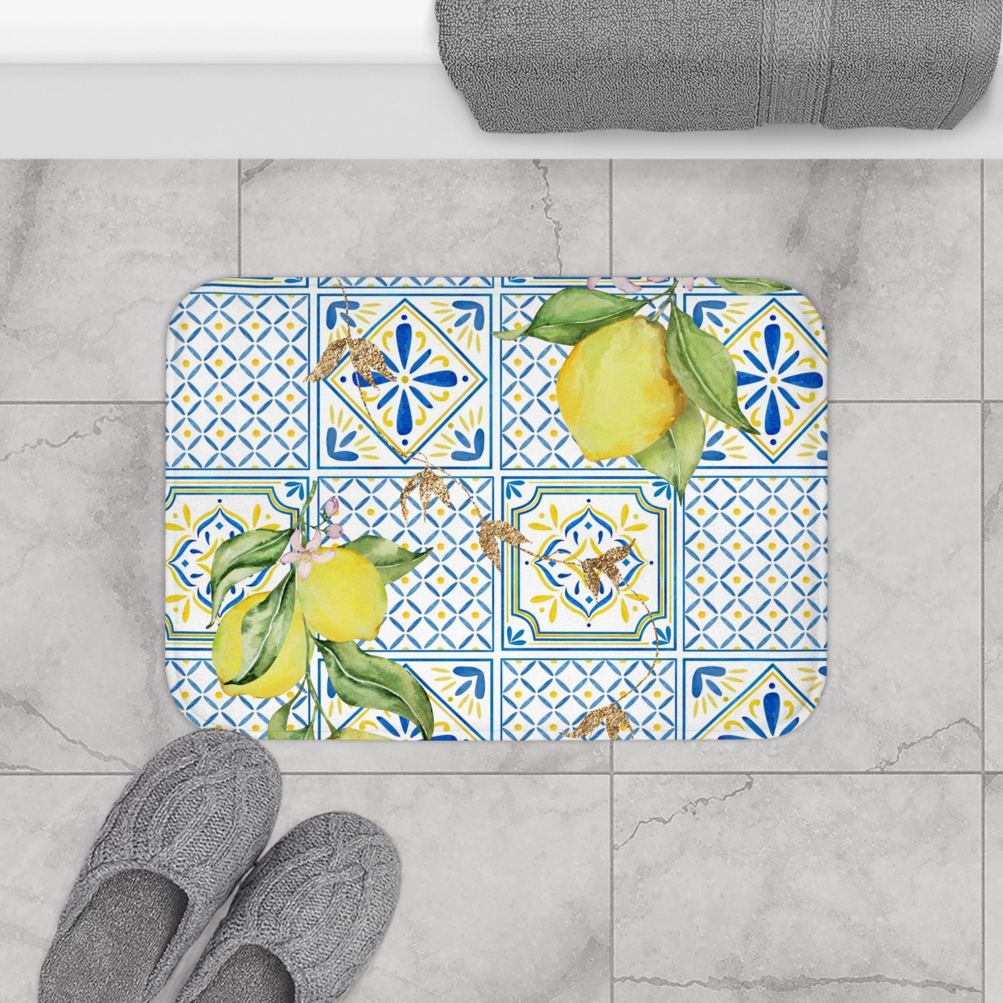 Boho Bath, Kitchen Mat | Amalfi Lemon, Blue Yellow Tiles