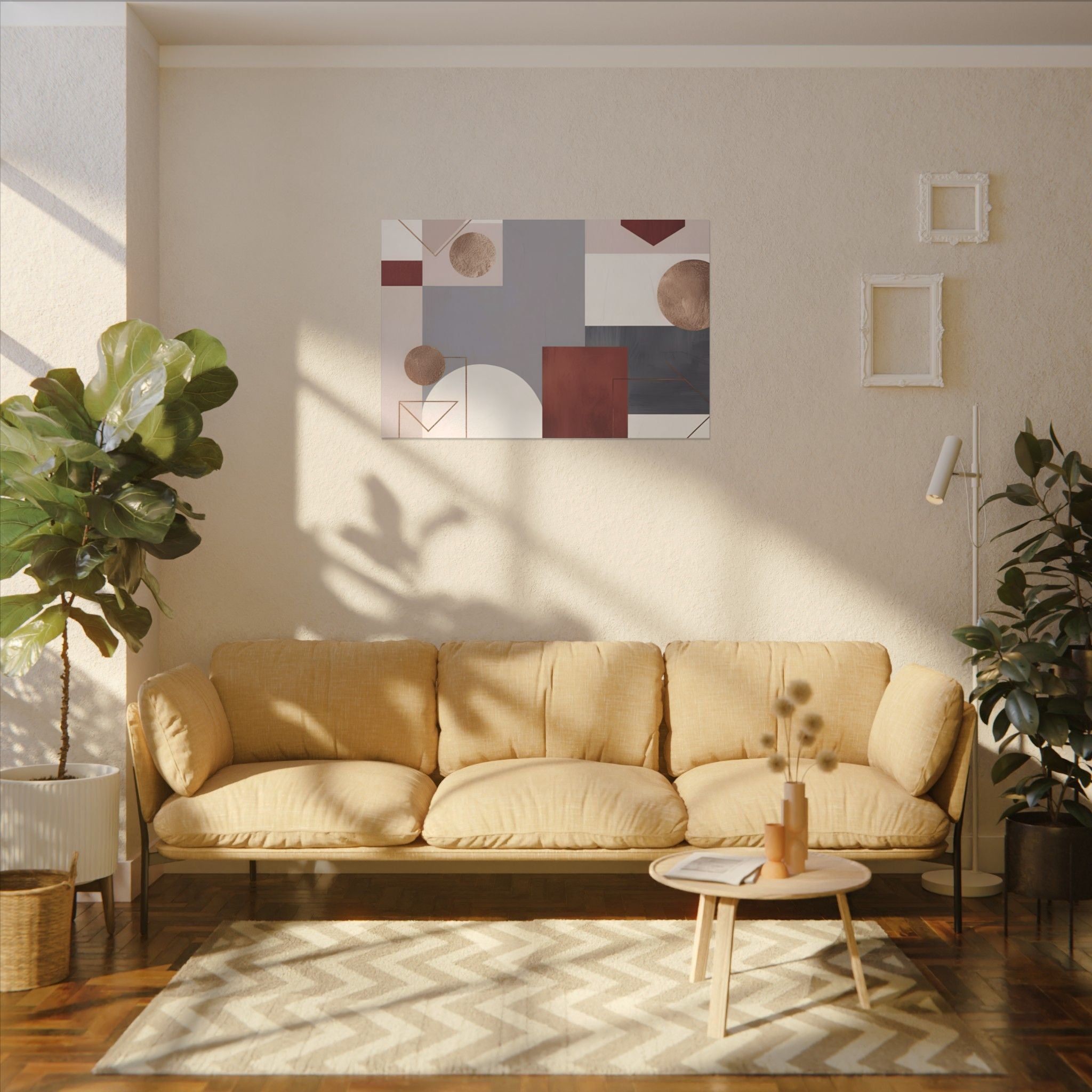 a cozy living room with a beige sofa, a coffee table, and a large abstract painting on the wall.