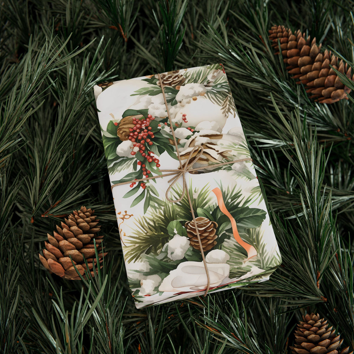 Pine Cone Lantern Greenery Christmas Wrapping Paper, Gift Wrap