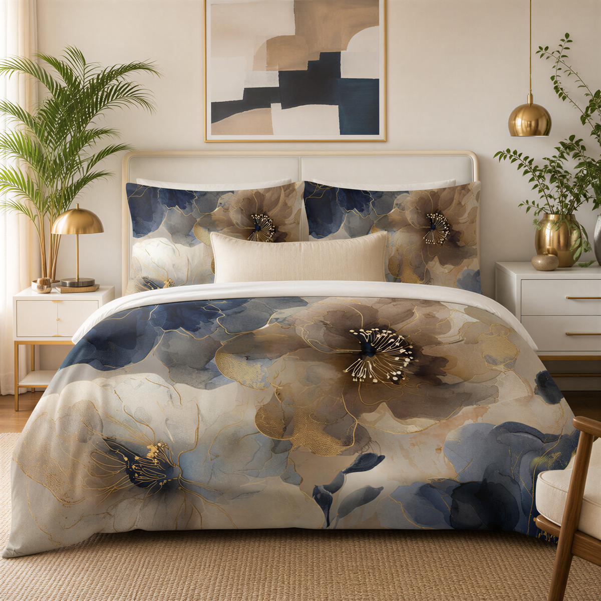 a bedroom with a large bed covered in a floral print comforter and pillows. The bed is framed by a white headboard and has a gold lamp on a side table. The room also features a painting on the wall and a potted plant.