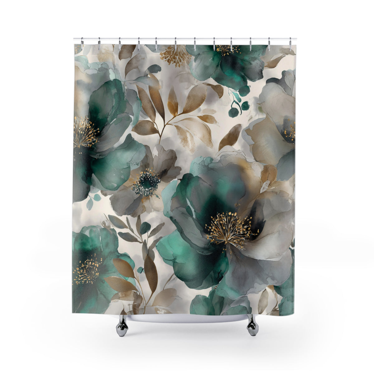 a shower curtain with a floral pattern in shades of green, gray, and brown.
