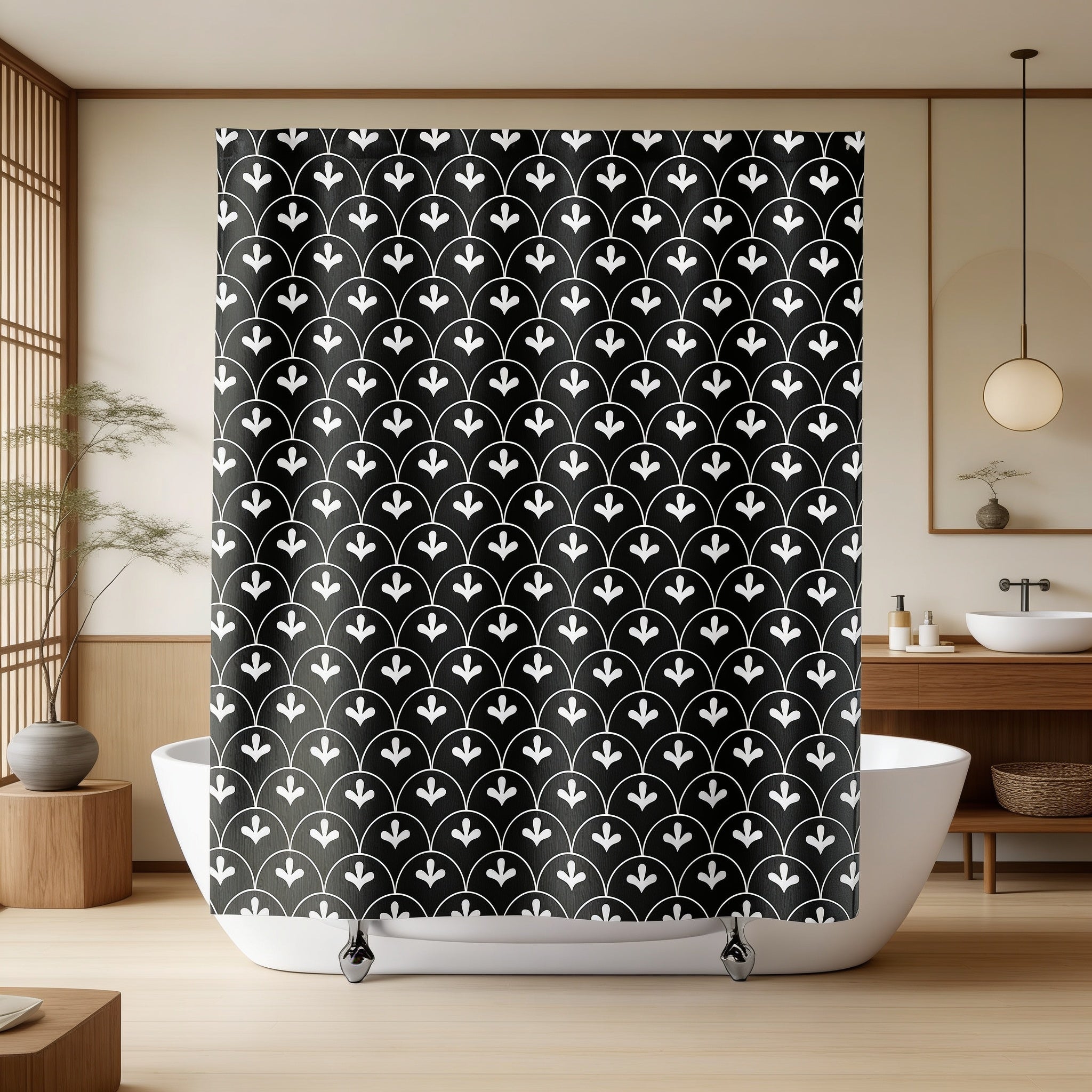 a bathroom with a black and white patterned shower curtain hanging in front of a white bathtub. The bathroom has a wooden floor and a wooden cabinet, and there is a potted plant and a vase on display.