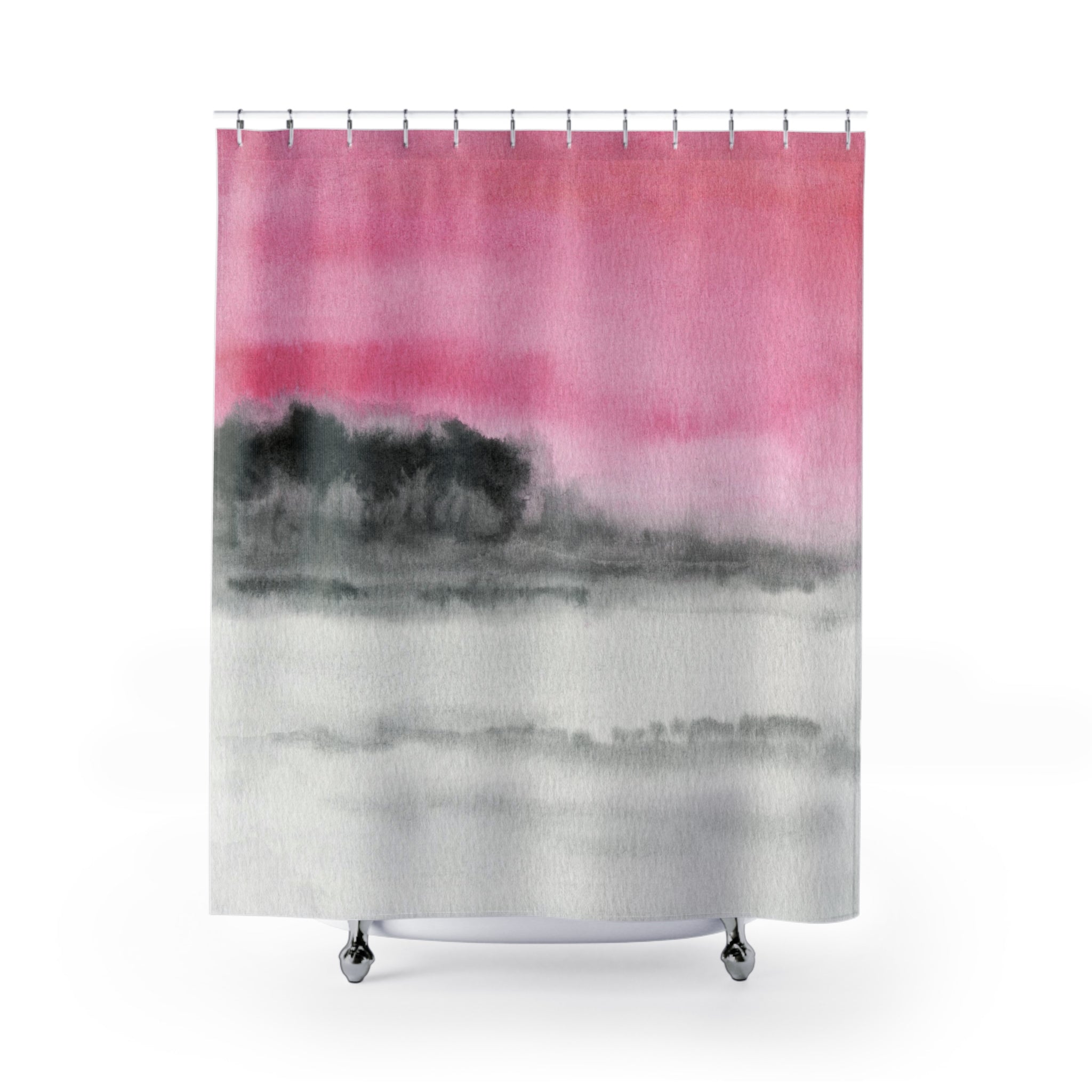 a shower curtain with a pink and black painting on it