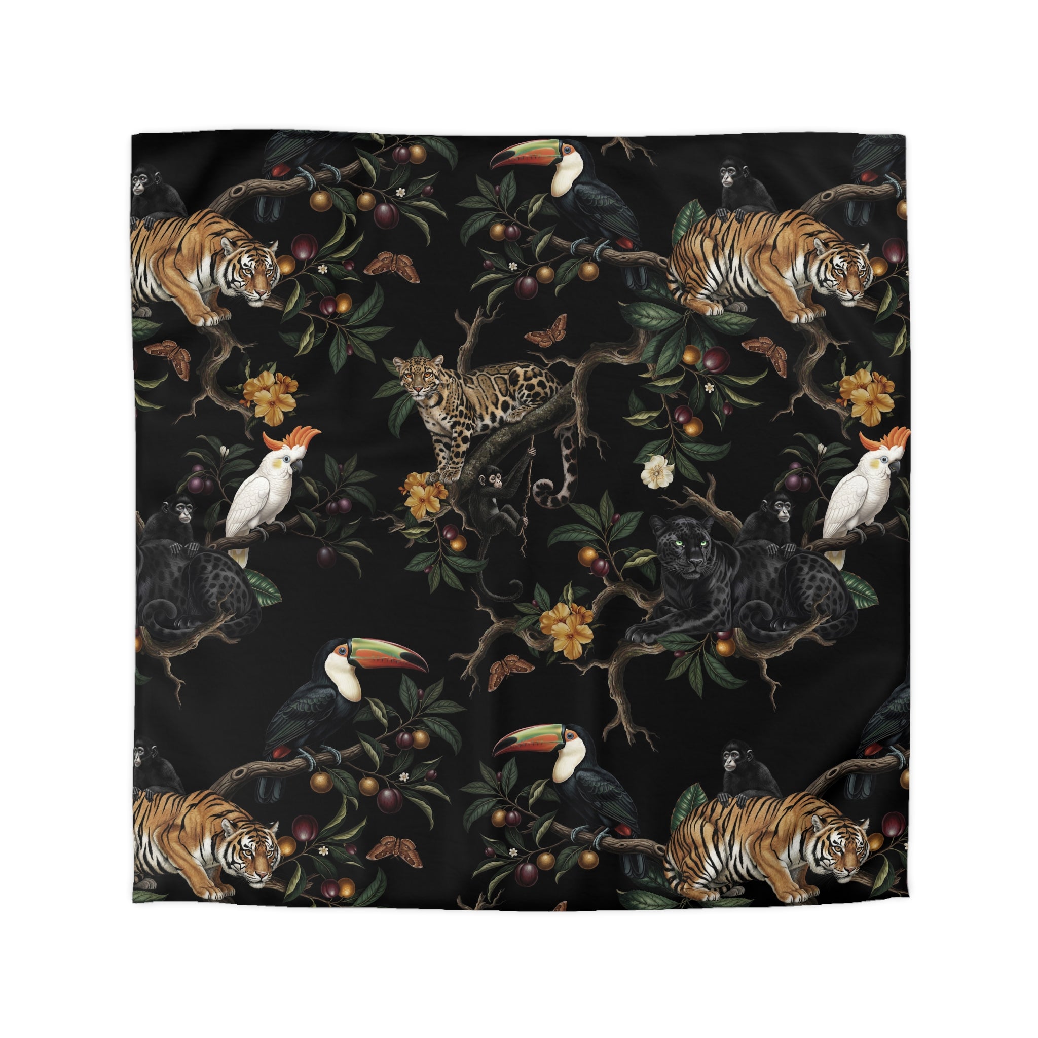 a repeating pattern of various animals, including a tiger, leopard, parrot, and other wildlife, against a dark background with floral elements.