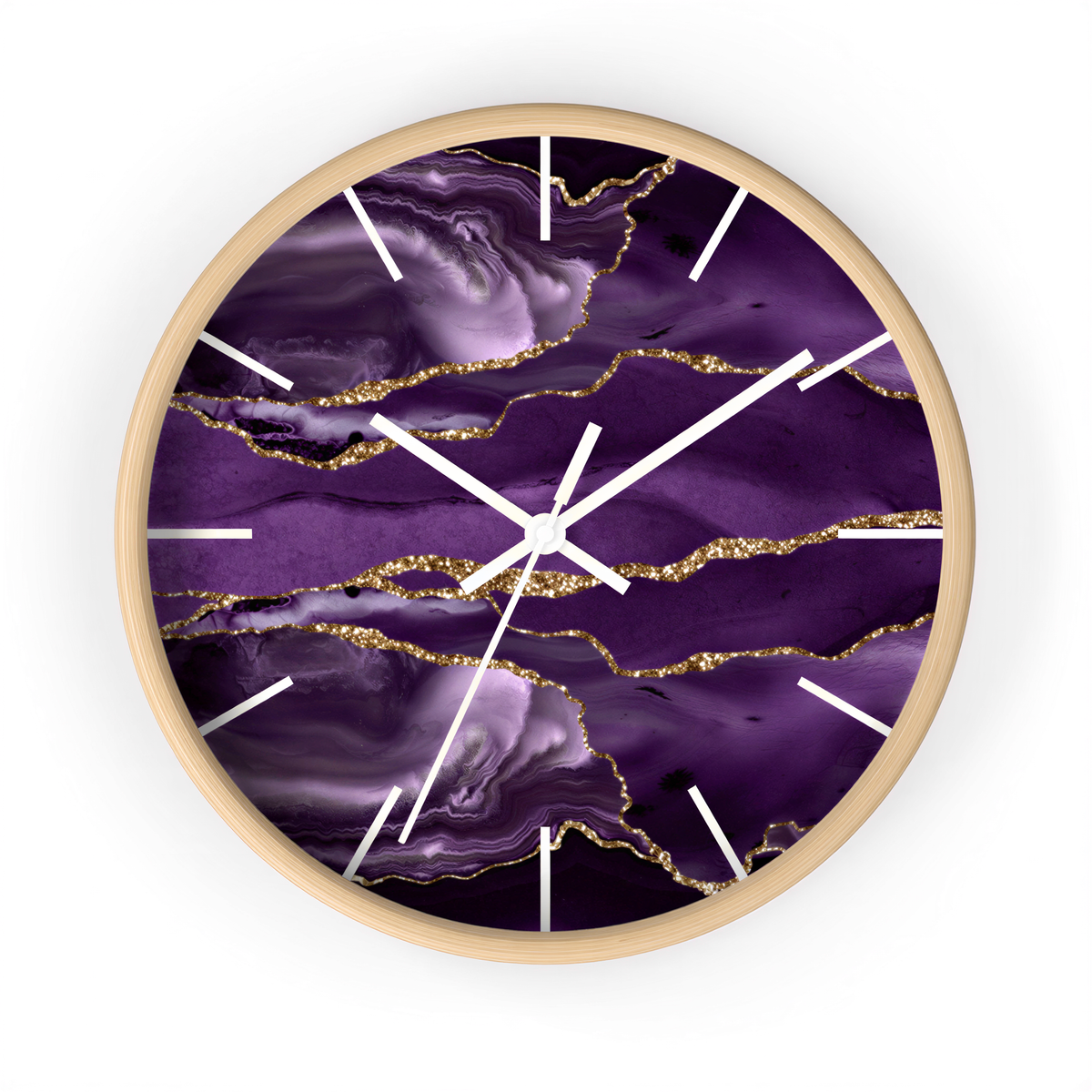 Marble Print Wood Wall Clock Purple Gold in a kitchen setting