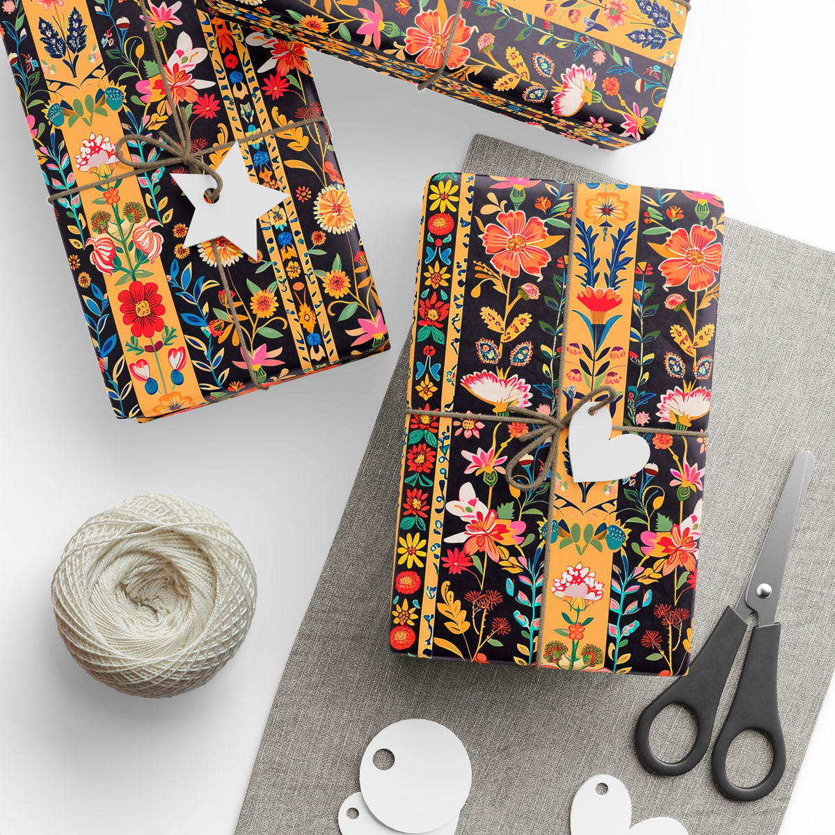 Black Mustard Folk Floral Stripe Wrapping Paper, Gift Wrap