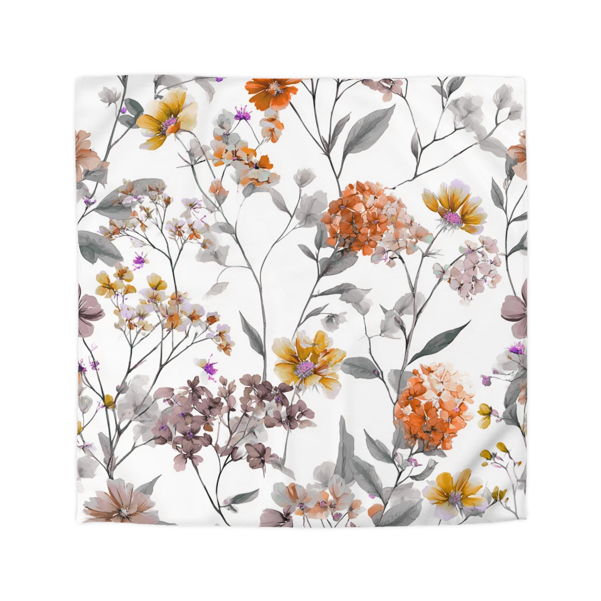 Floral Modern Duvet, Pillow Cover | White Orange Bedroom Decor