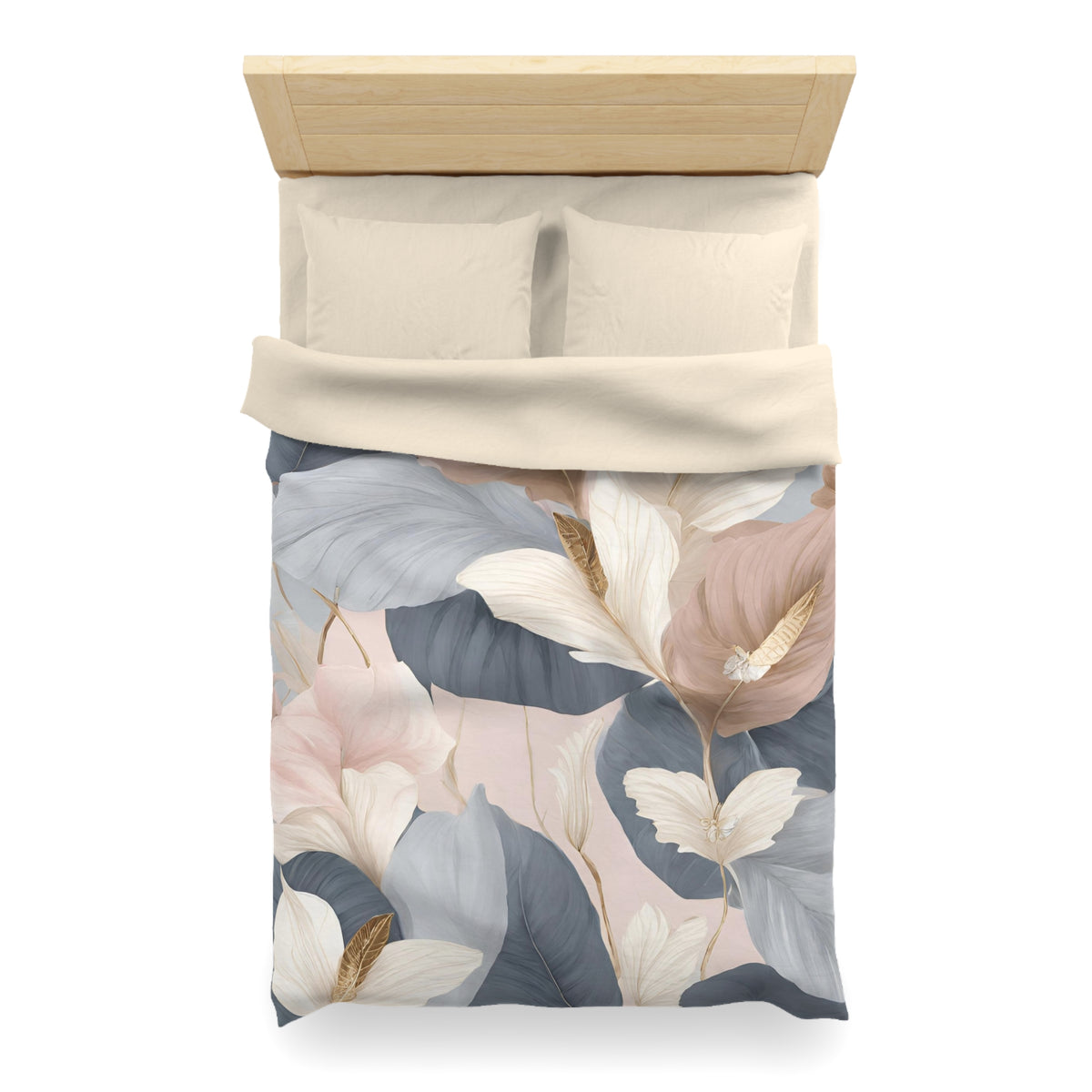 a bed with a floral print duvet cover and pillows.