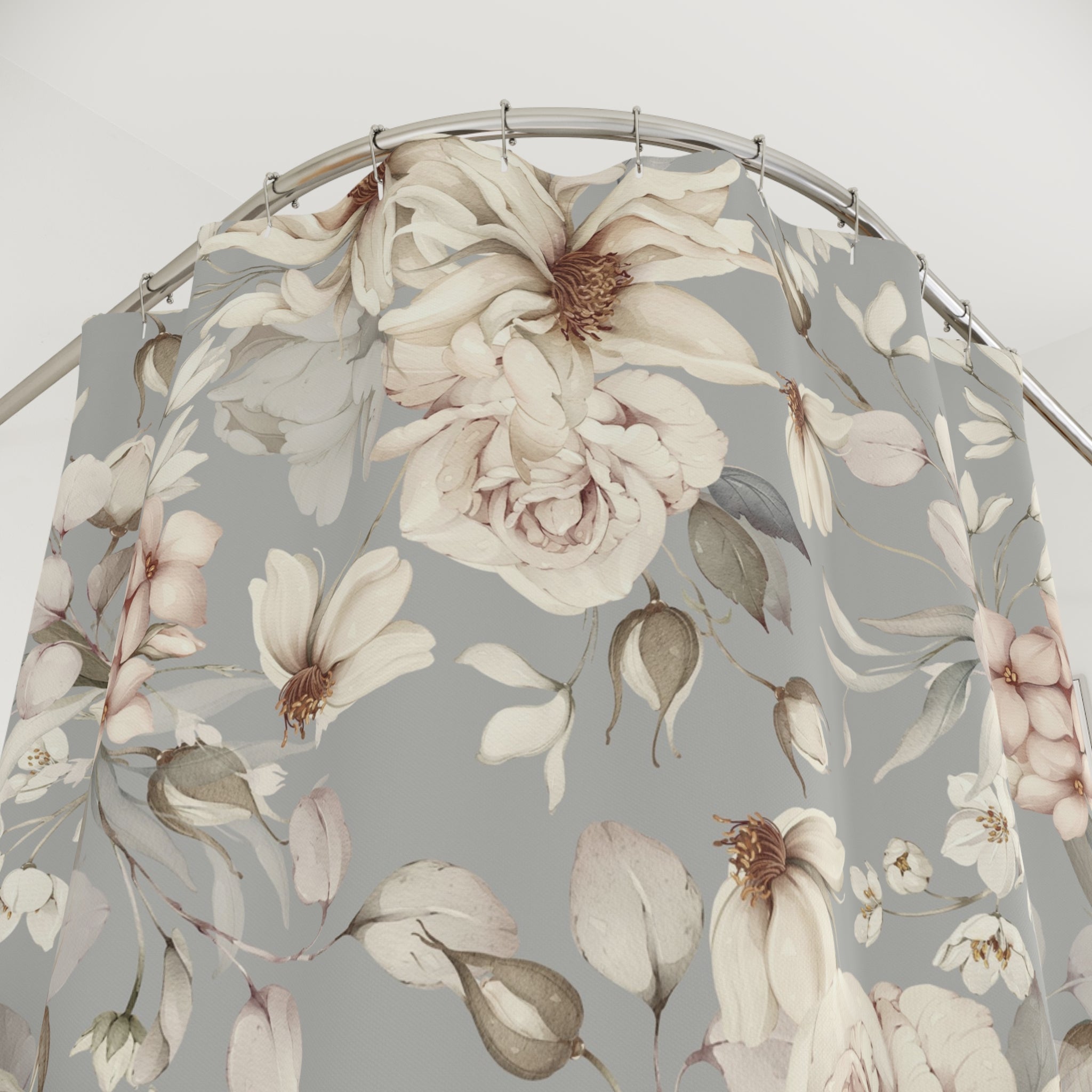 Muted Taupe Vintage Floral Shower Curtain | Neutral Botanical Shabby Chic Bathroom Decor
