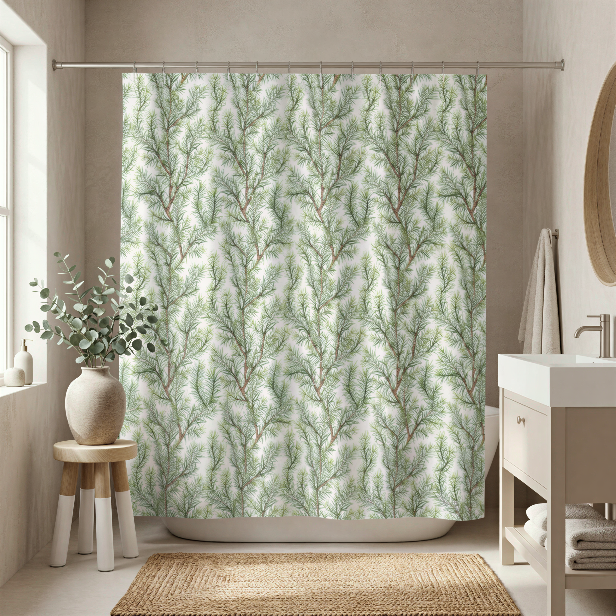 a bathroom with a shower curtain featuring a pine tree pattern. The curtain is hanging in front of a white bathtub, and there is a small table with a vase of greenery nearby. The bathroom also includes a sink and a mirror.
