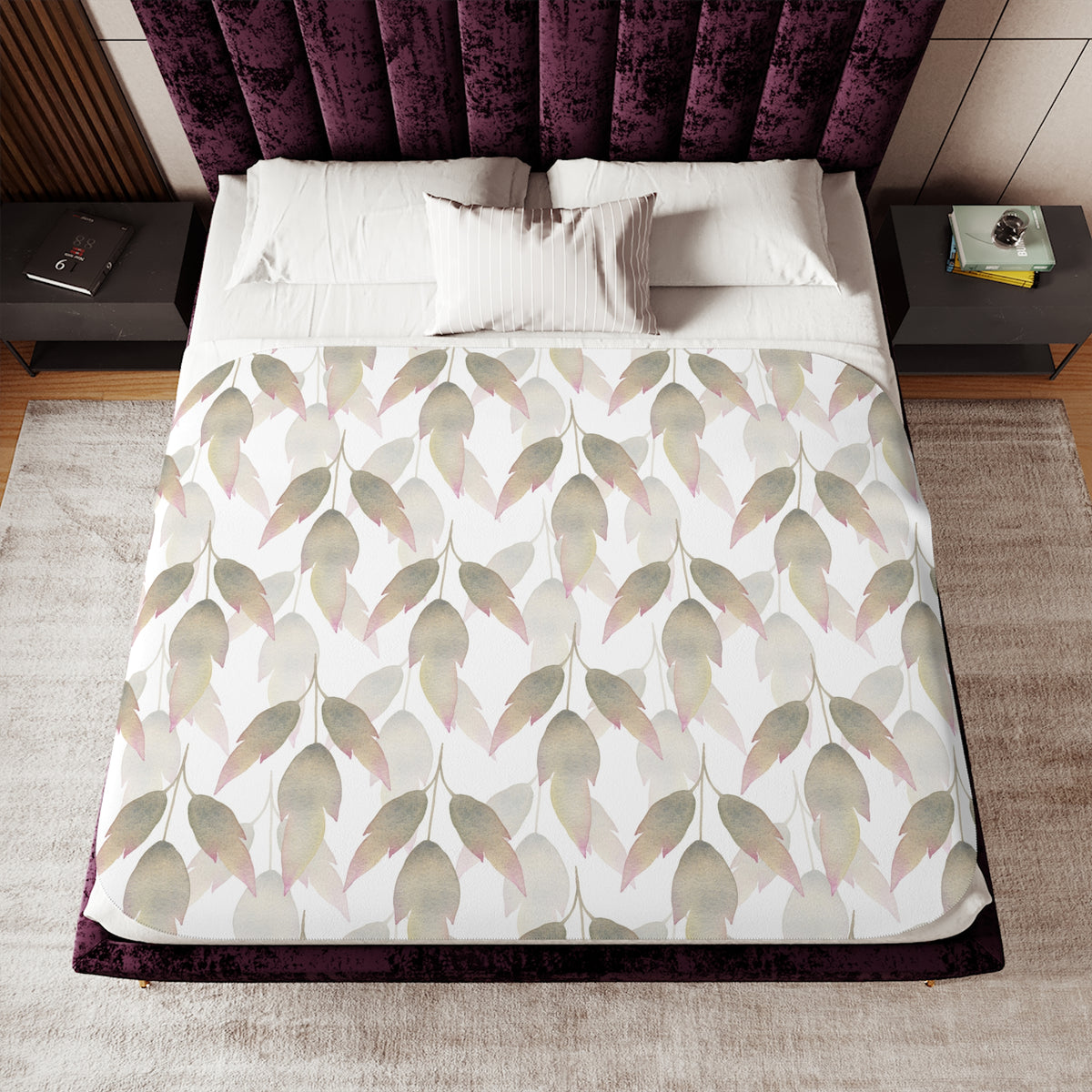 Beige Blush Watercolor Leaf Sherpa Blanket | Neutral Botanical Throw