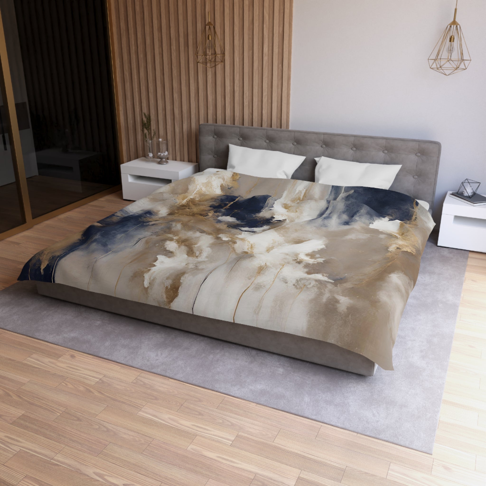 Abstract Duvet, Pillow Cover Set | Navy Blue Beige Bedroom Set