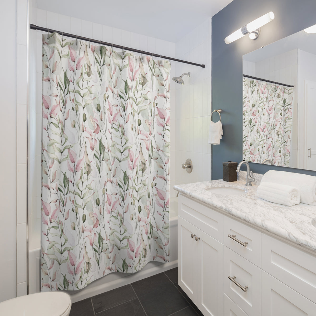 Blush Sage Watercolor Botanical Shower Curtain, Bath Curtain 71x74