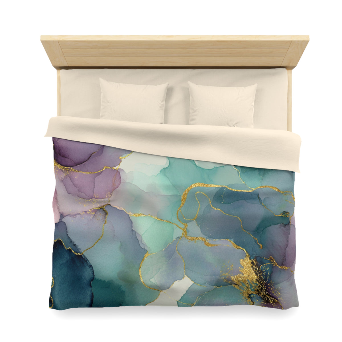 a bed with a colorful, abstract duvet cover featuring a marble-like pattern in shades of blue, purple, and gold.