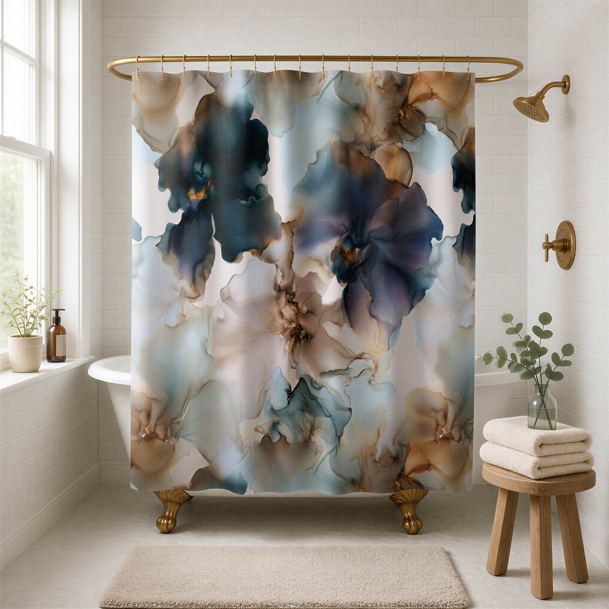 a bathroom with a shower curtain adorned with a floral pattern in shades of blue, pink, and white. The shower curtain is hanging from a gold rod, and there is a wooden stool nearby. The bathroom also includes a window, a sink, and a vase with greenery.