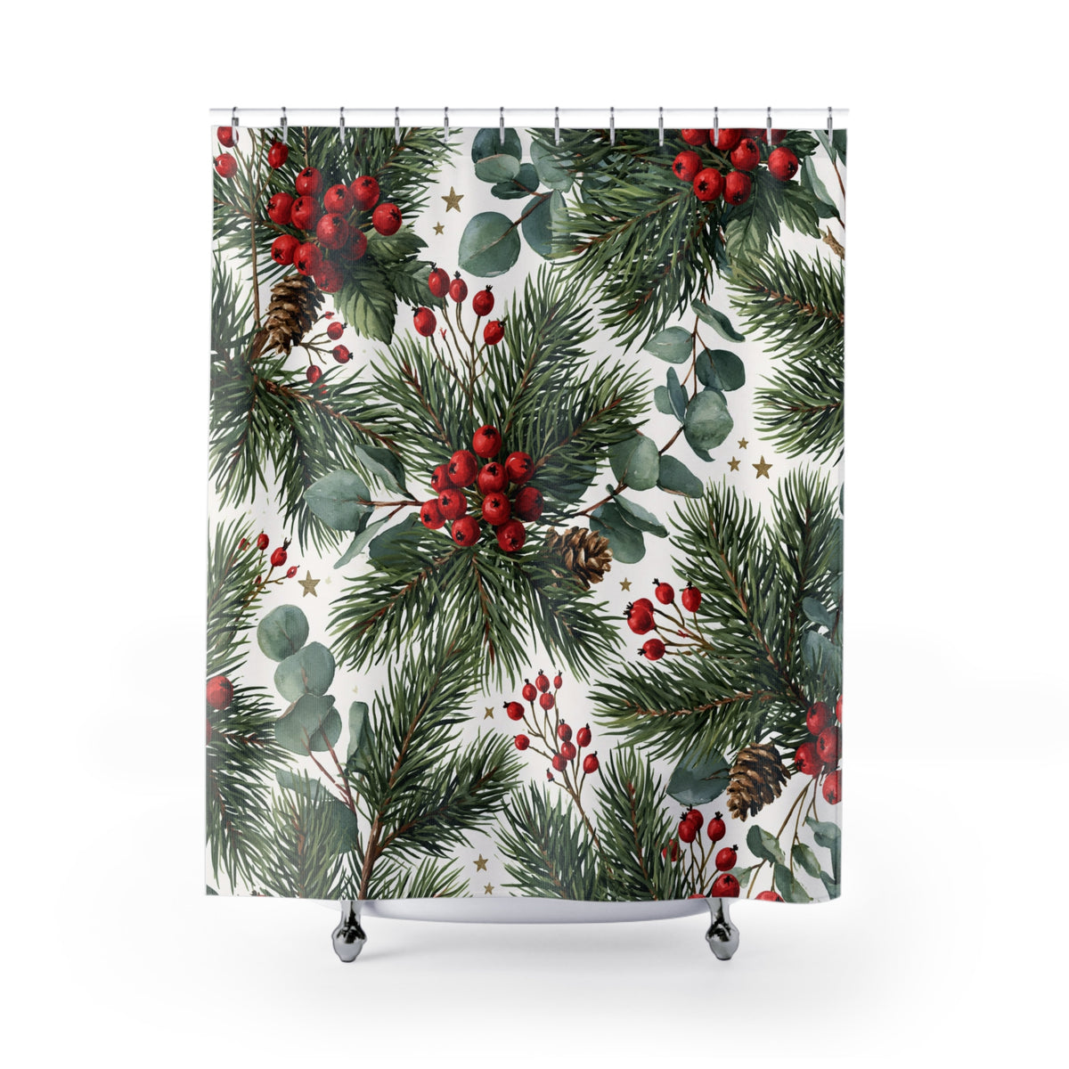 Red Holly Berry Eucalyptus Shower Curtain, Bath Curtain 71x74
