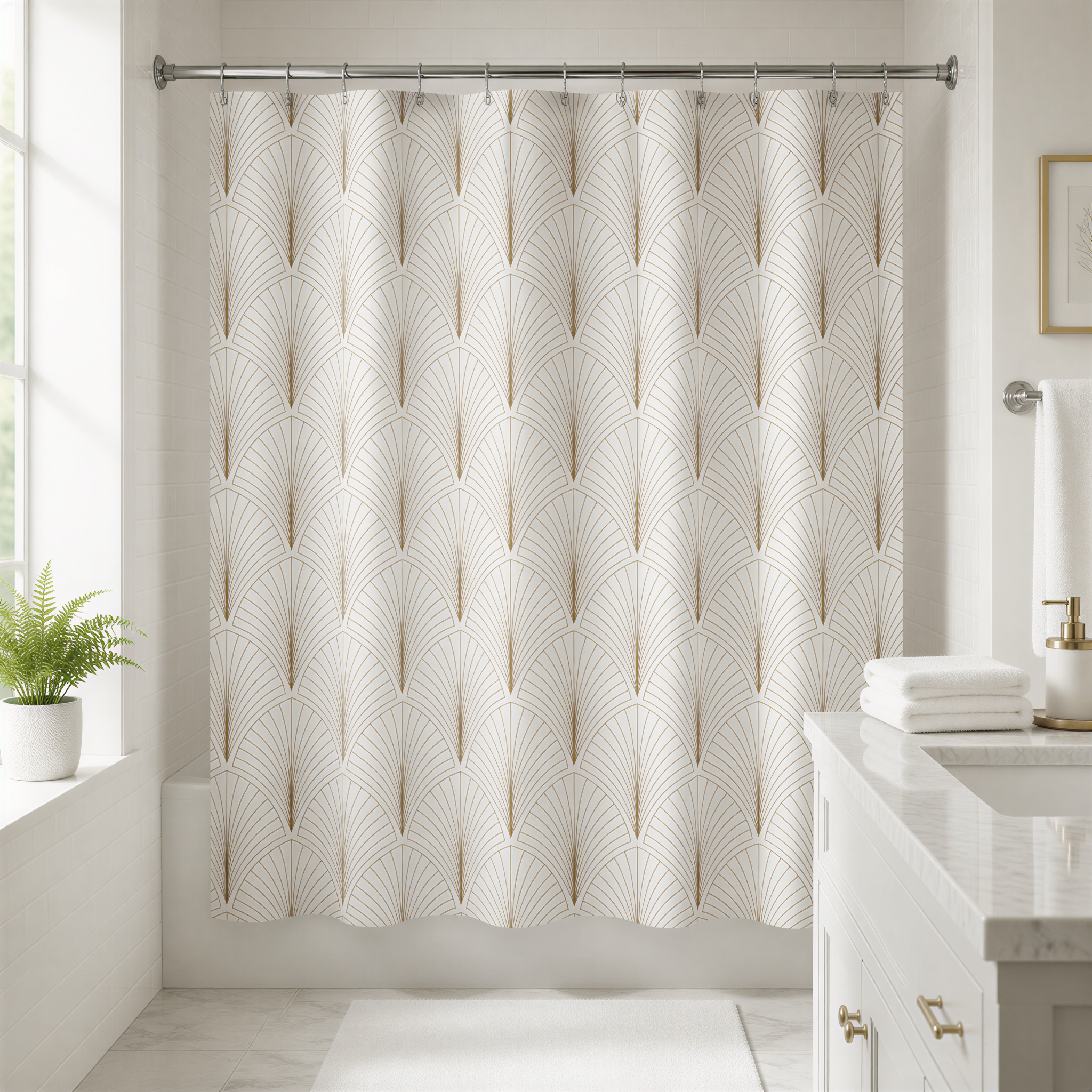 a bathroom with a shower curtain adorned with a repeating pattern of gold and white lines. The shower curtain is hanging from a rod, and there is a white sink and a potted plant in the room.