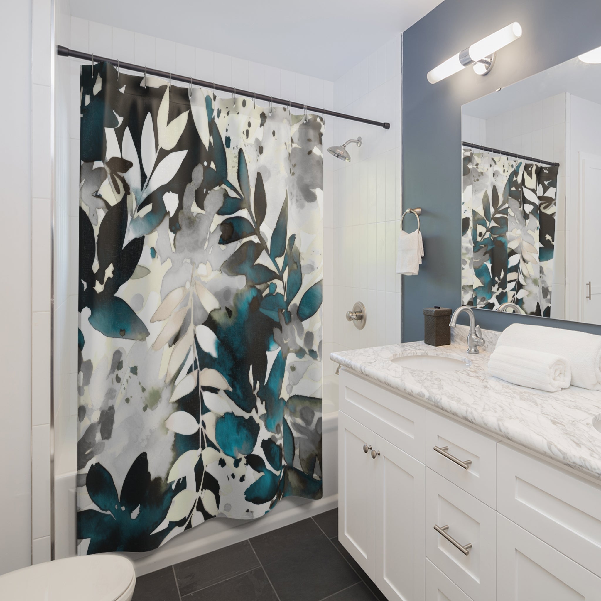 Boho Shower Curtain | Teal Blue White Floral Watercolor