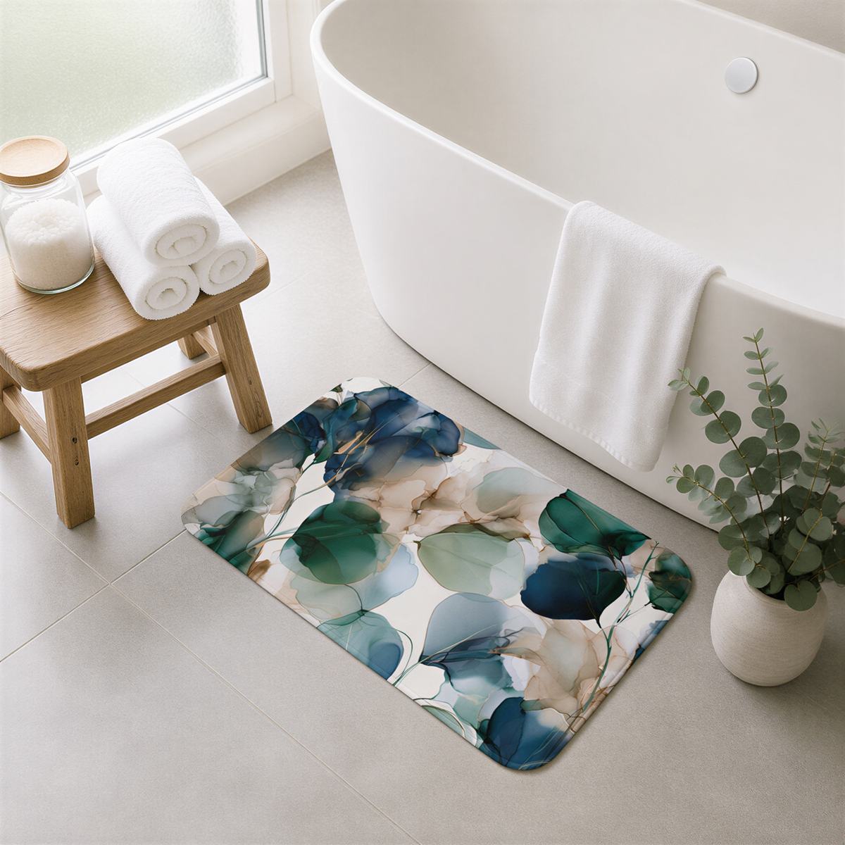 a white bath tub sitting next to a wooden stool