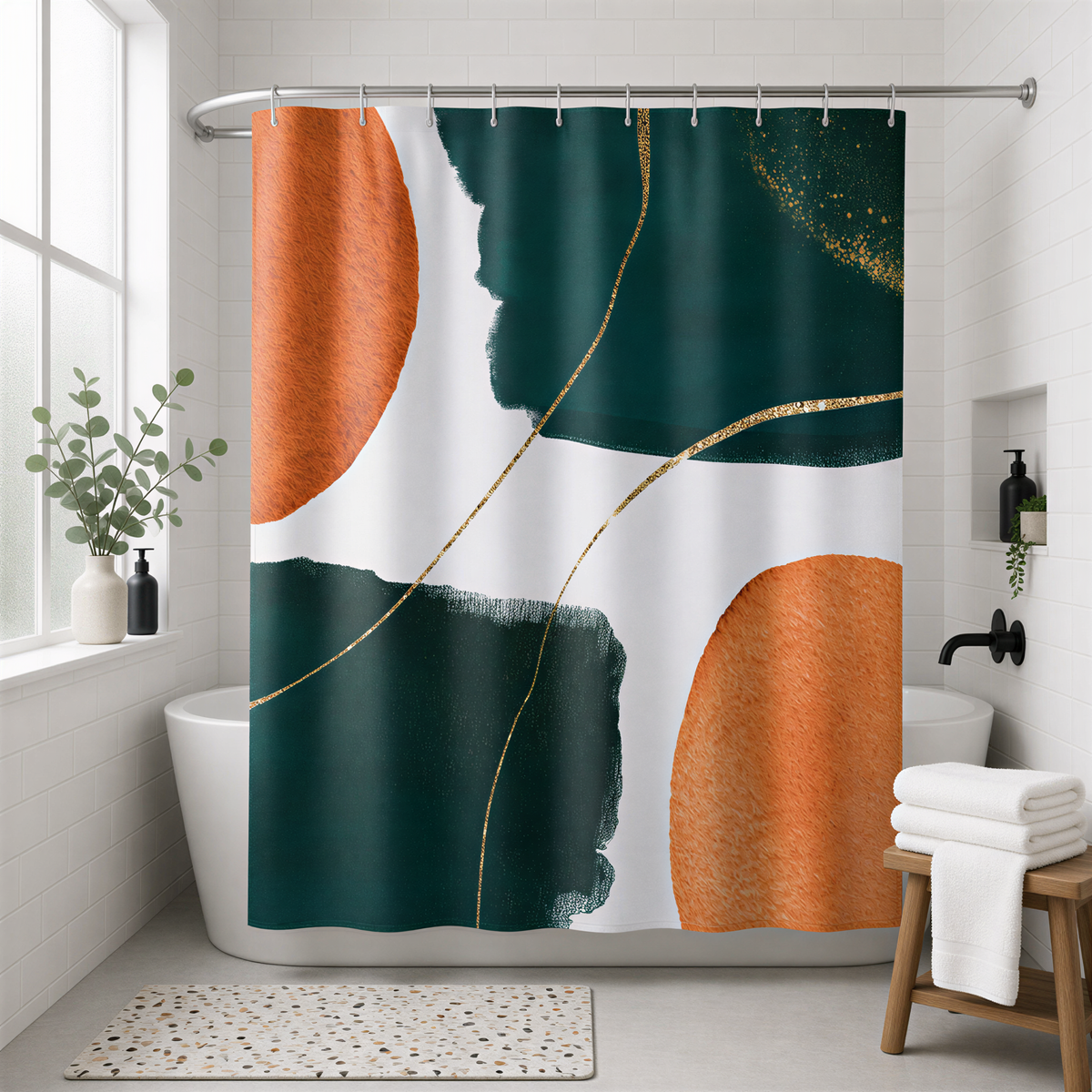 a bathroom with a shower curtain that has a bold abstract design in shades of green and orange. The shower curtain is hanging from a rod, and there is a wooden stool in the corner of the room. The bathroom also has a window, a plant, and some towels.