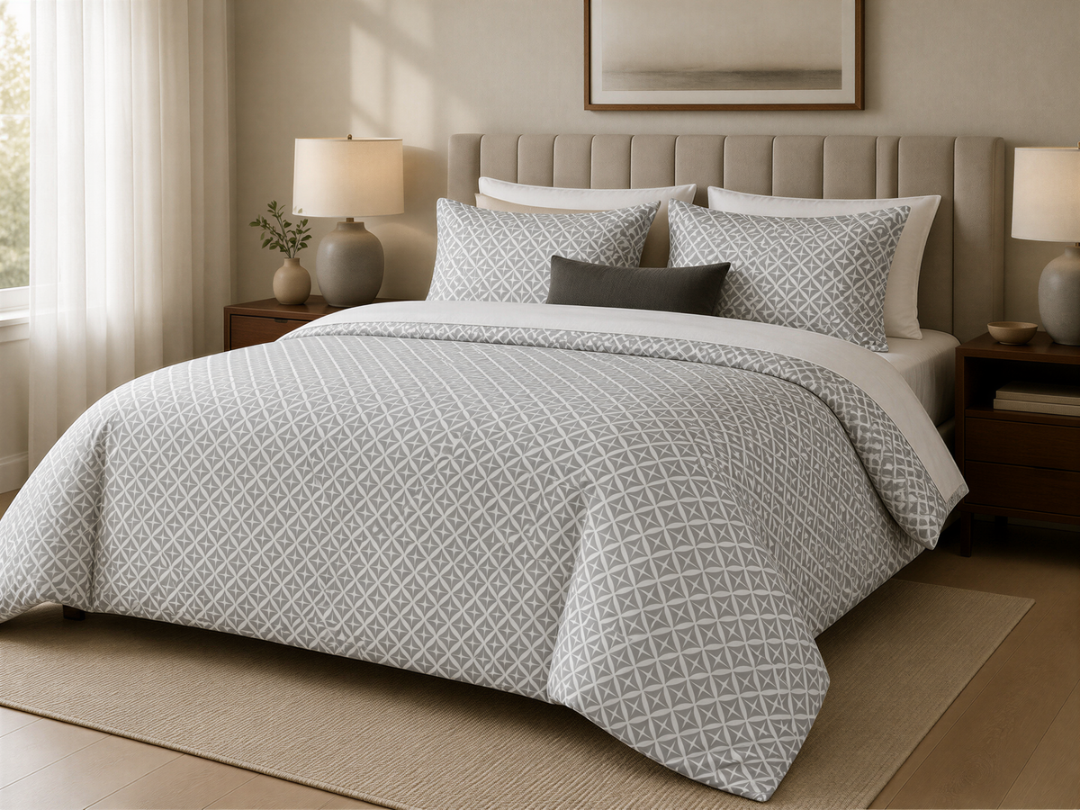 a well-furnished bedroom with a large bed, a headboard, and a nightstand with lamps. The bed is covered in a gray and white patterned comforter and pillows, creating a cozy and inviting atmosphere.